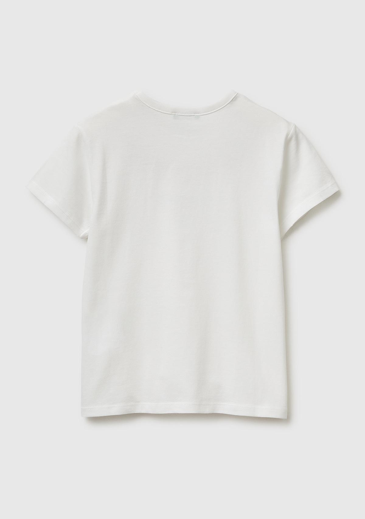 Kız Çocuk Beyaz Simli Grafik Baskılı Yuvarlak Yaka T-Shirt