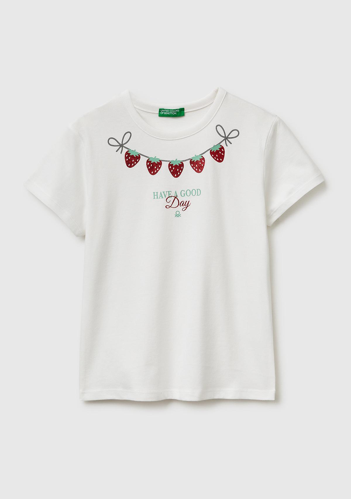 Kız Çocuk Beyaz Simli Grafik Baskılı Yuvarlak Yaka T-Shirt