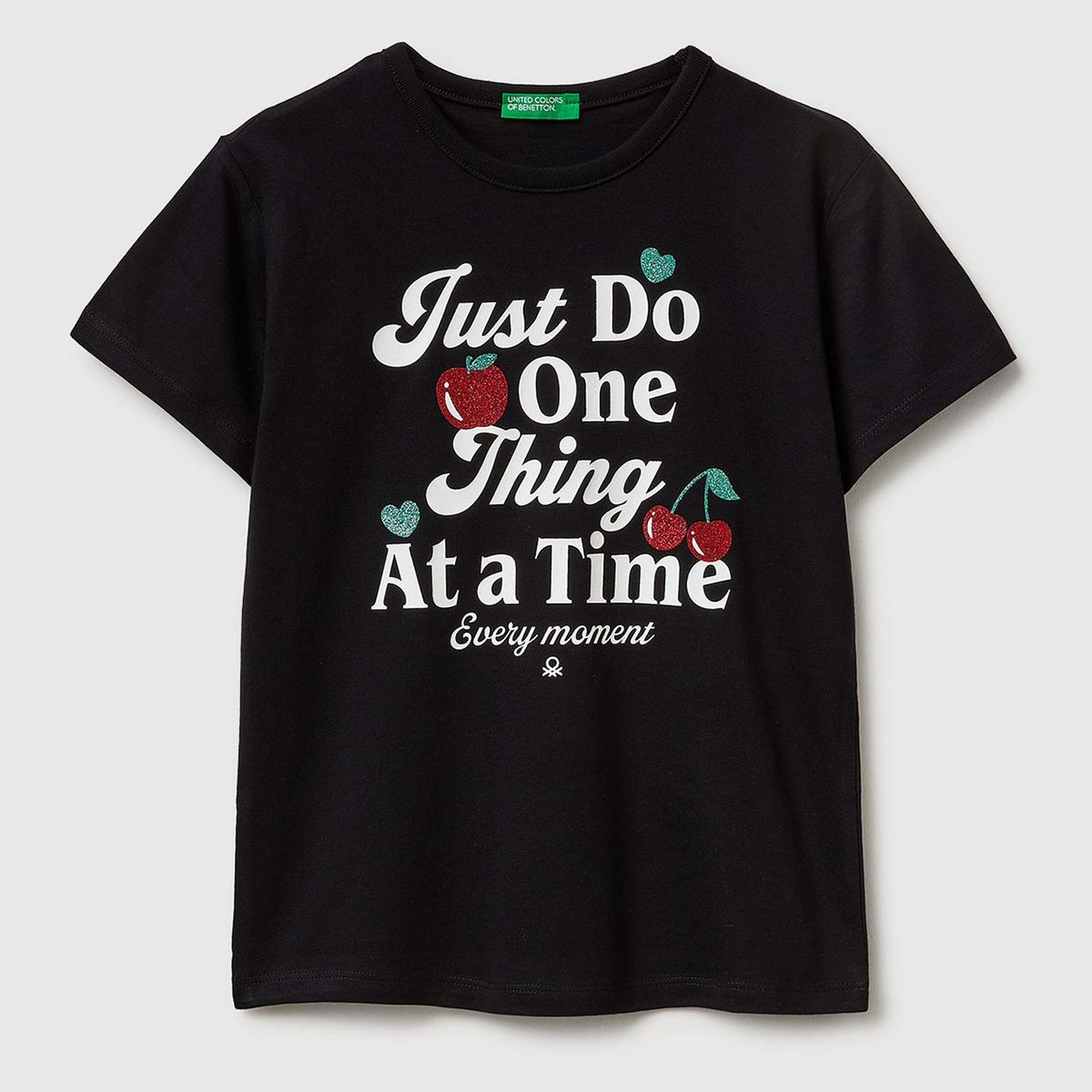 Kız Çocuk Siyah Simli Grafik Baskılı Yuvarlak Yaka T-Shirt