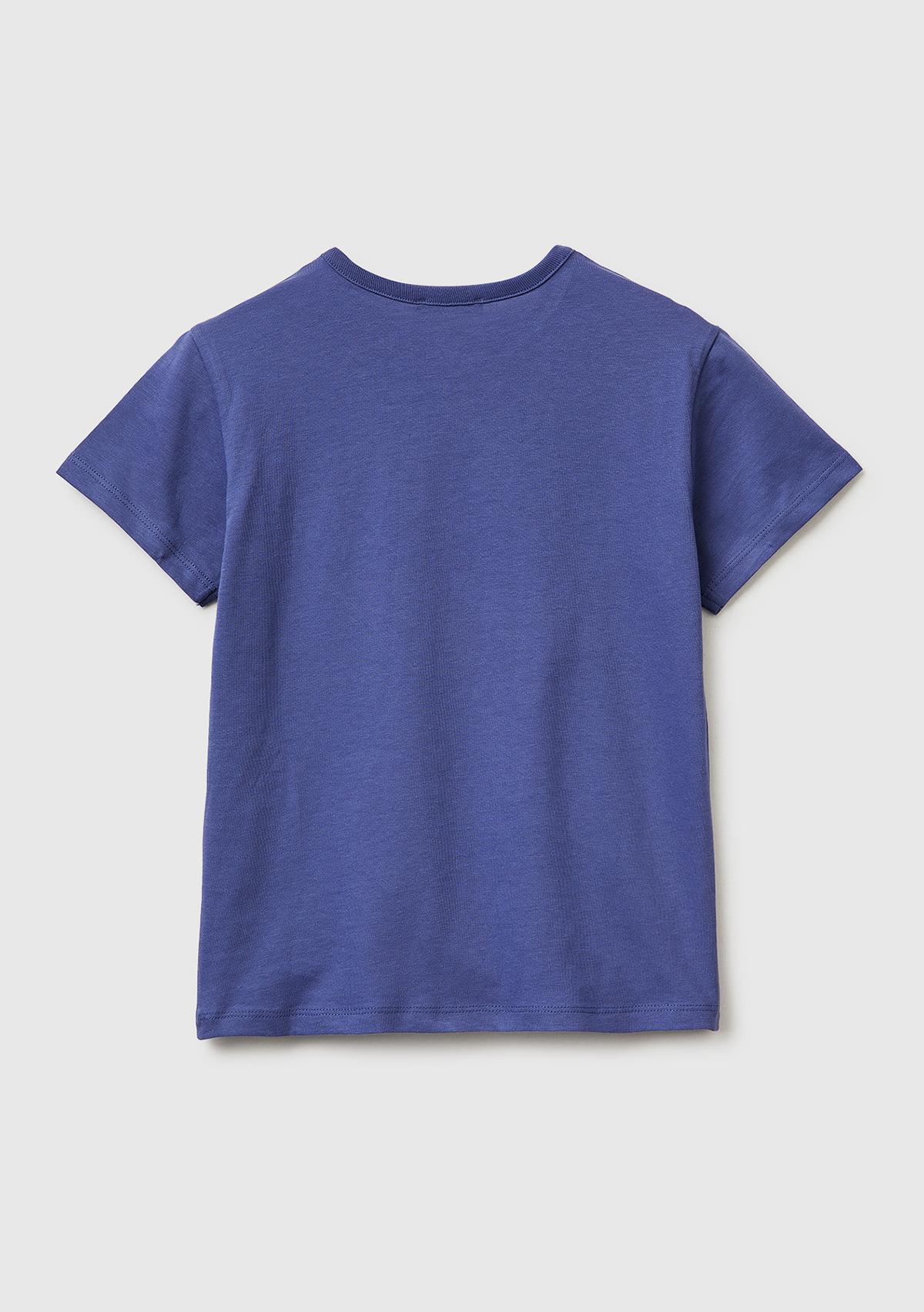 Kız Çocuk Koyu Lacivert Simli Grafik Baskılı Yuvarlak Yaka T-Shirt