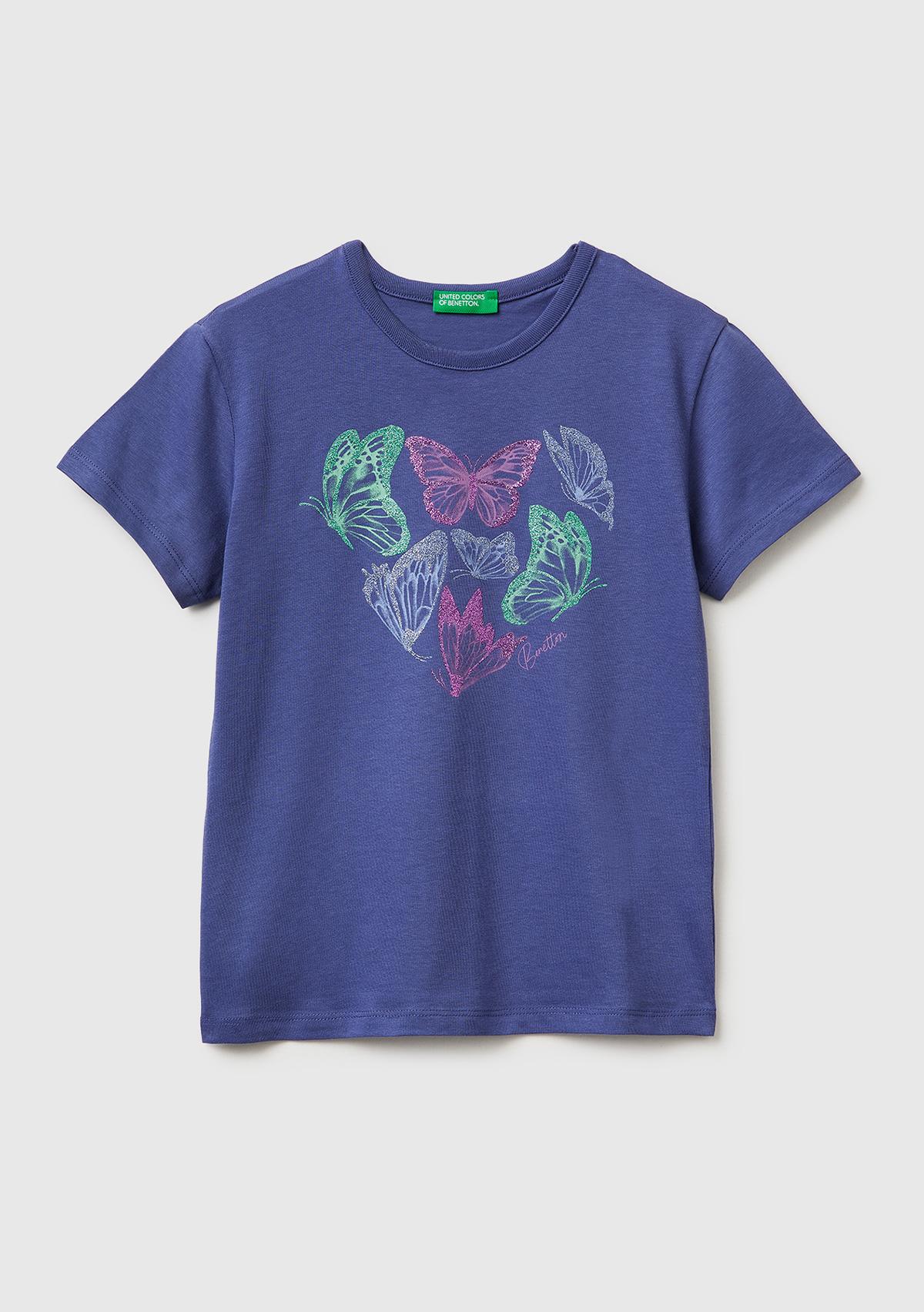 Kız Çocuk Koyu Lacivert Simli Grafik Baskılı Yuvarlak Yaka T-Shirt
