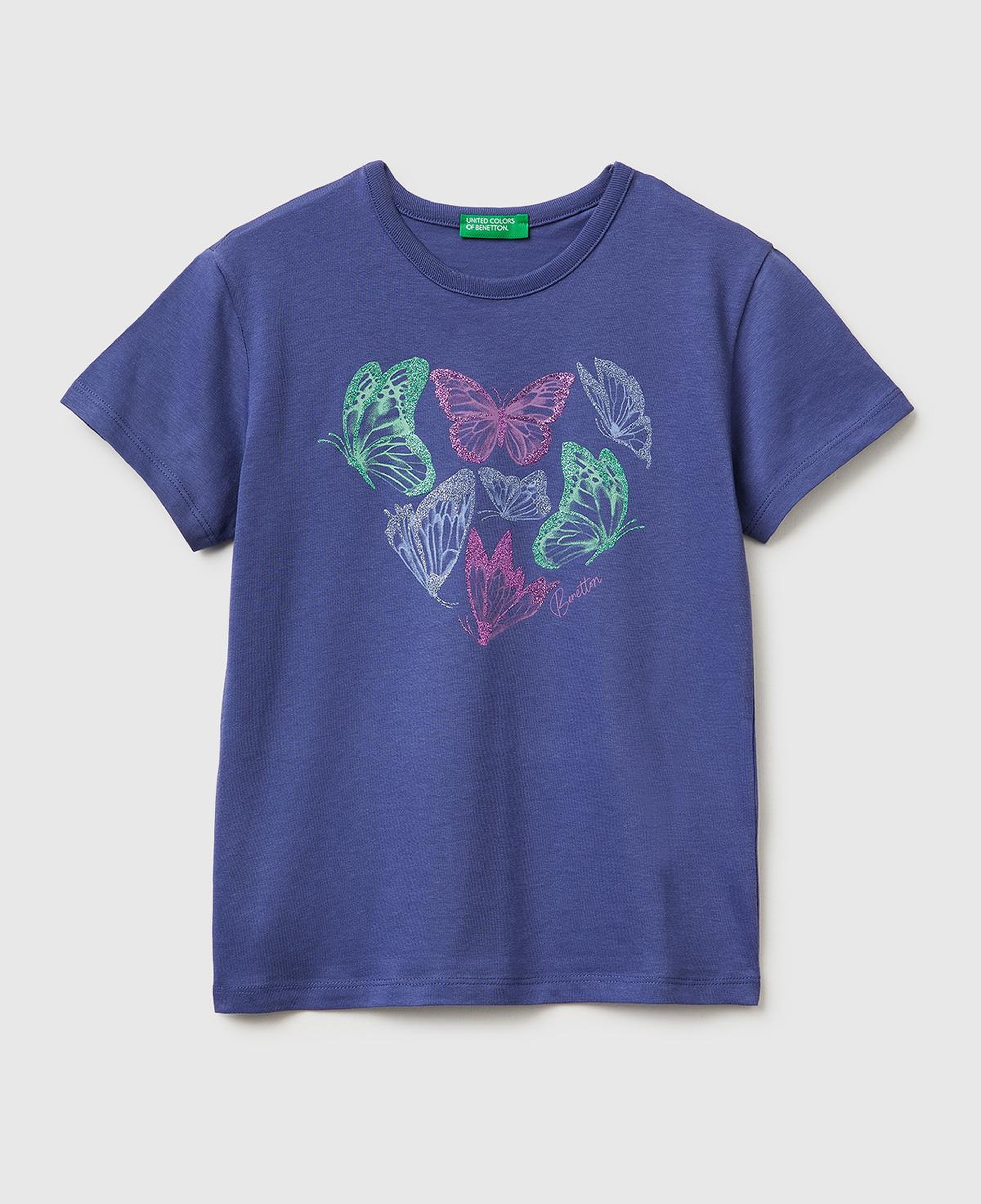 Kız Çocuk Koyu Lacivert Simli Grafik Baskılı Yuvarlak Yaka T-Shirt
