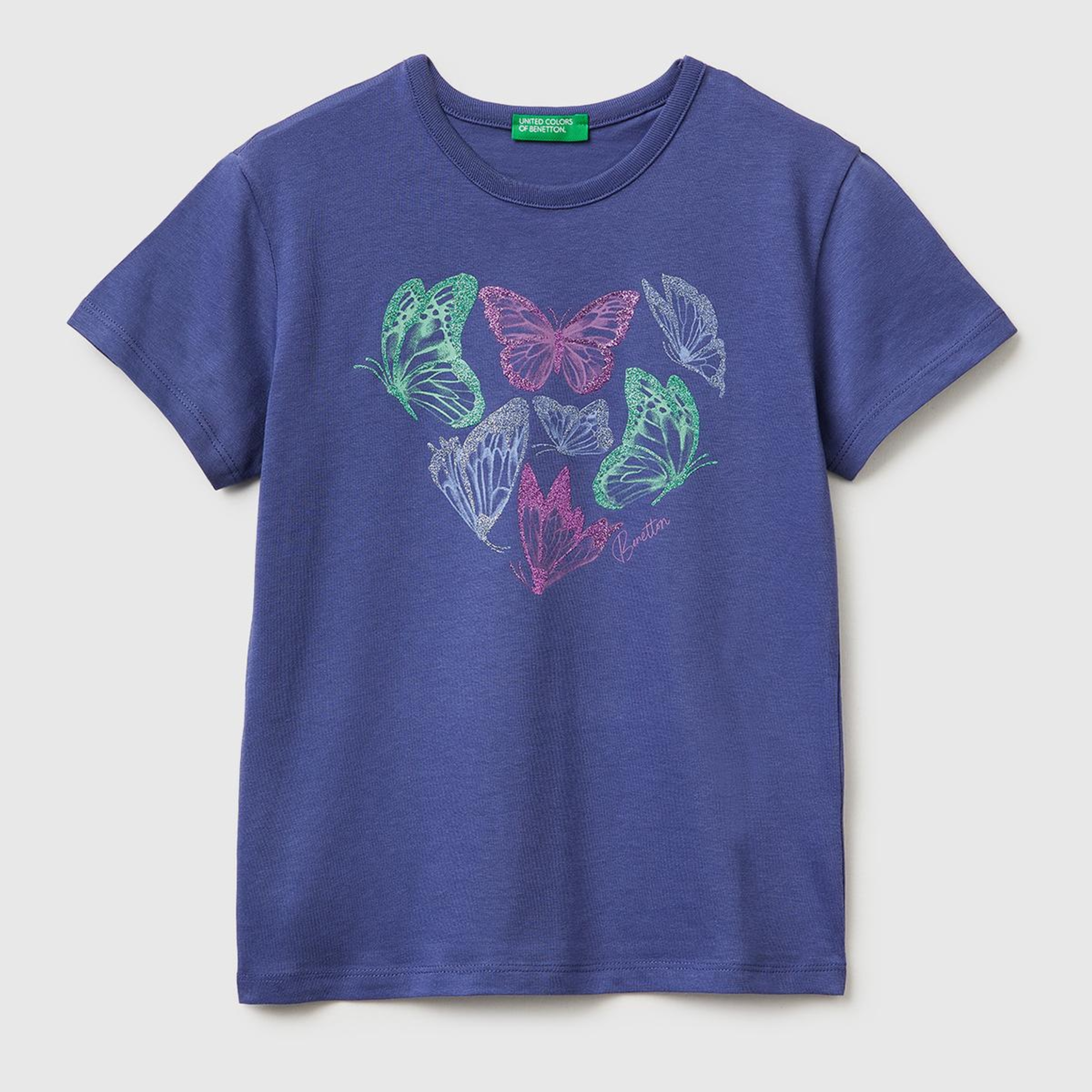 Kız Çocuk Koyu Lacivert Simli Grafik Baskılı Yuvarlak Yaka T-Shirt