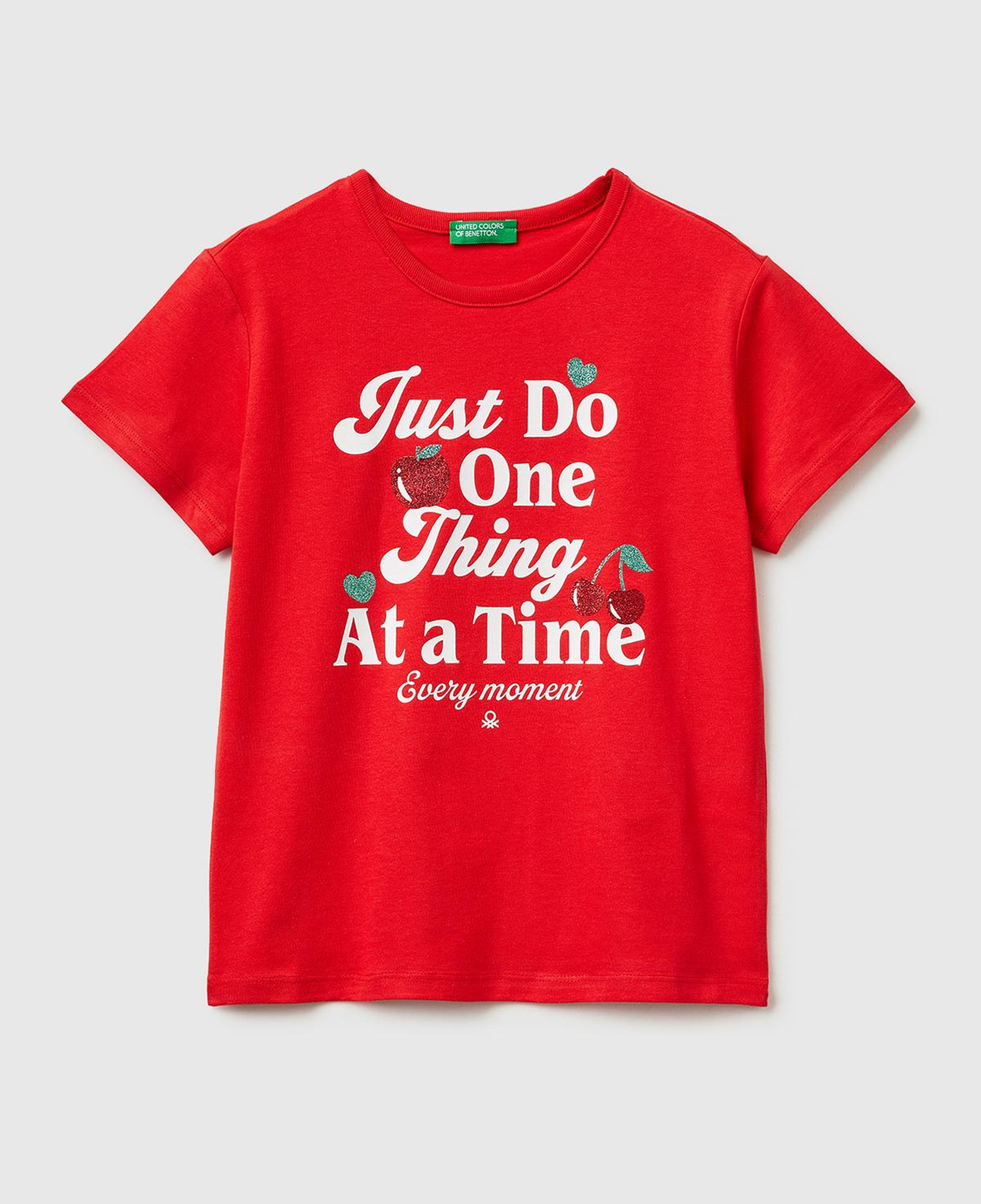 Kız Çocuk Kırmızı Simli Grafik Baskılı Yuvarlak Yaka T-Shirt