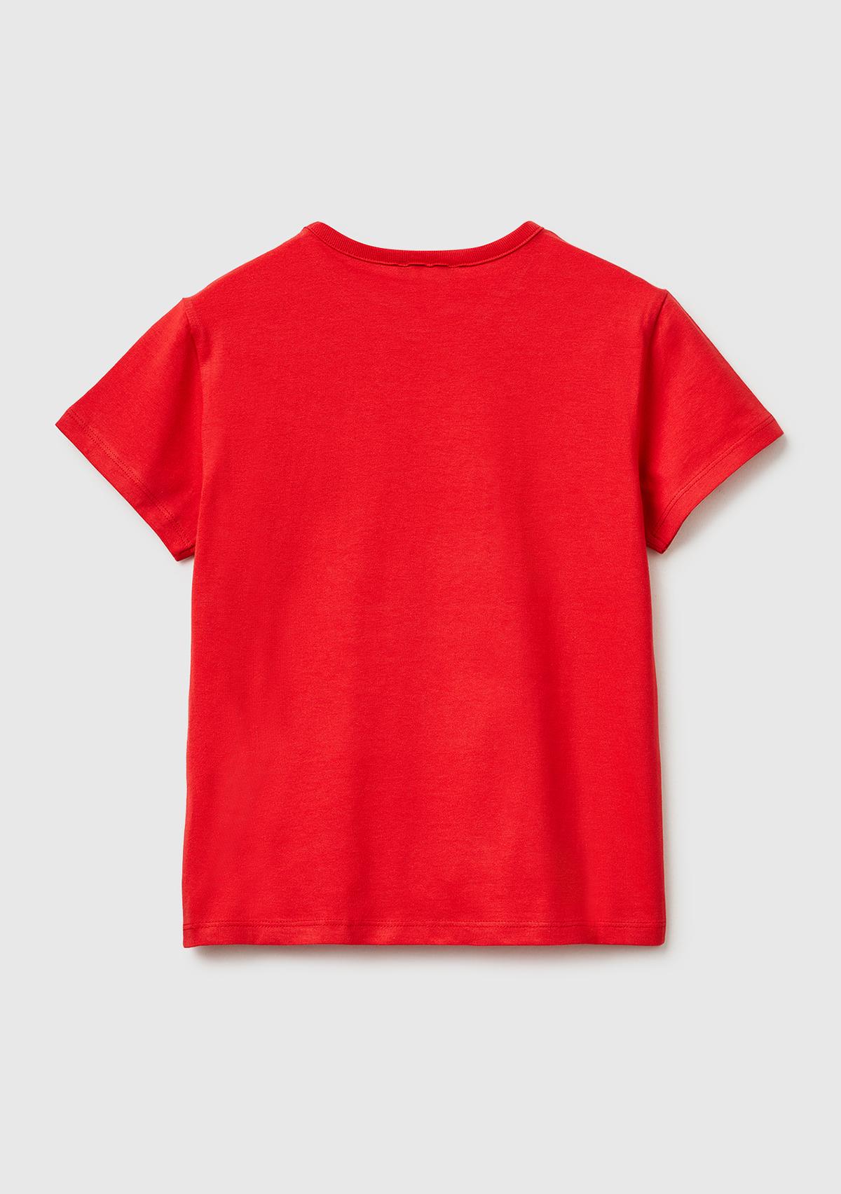 Kız Çocuk Kırmızı Simli Grafik Baskılı Yuvarlak Yaka T-Shirt