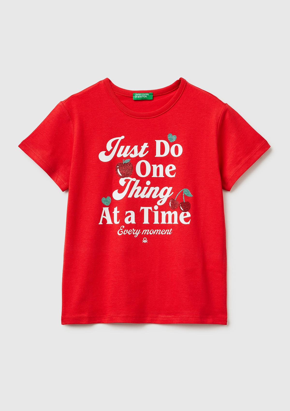 Kız Çocuk Kırmızı Simli Grafik Baskılı Yuvarlak Yaka T-Shirt