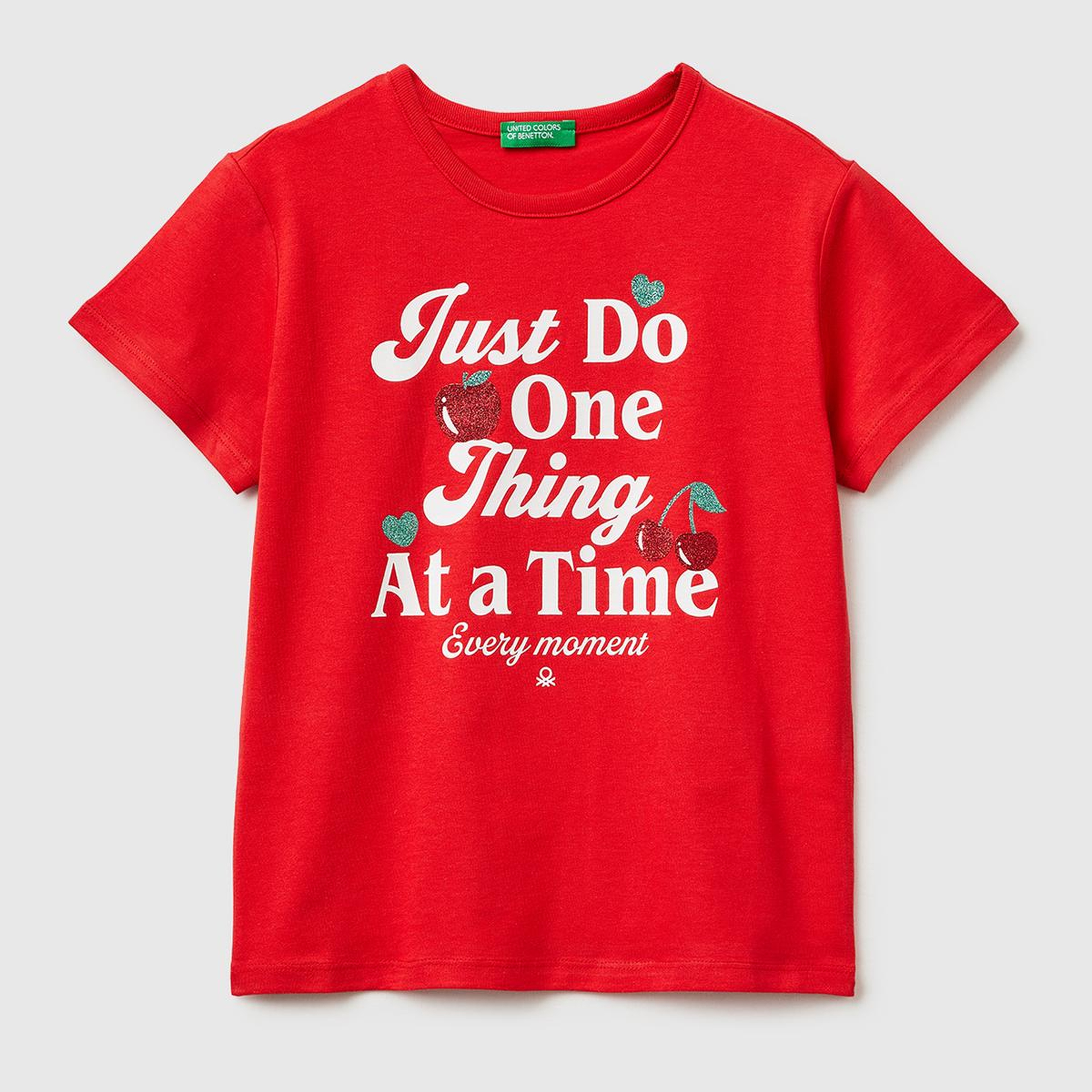 Kız Çocuk Kırmızı Simli Grafik Baskılı Yuvarlak Yaka T-Shirt