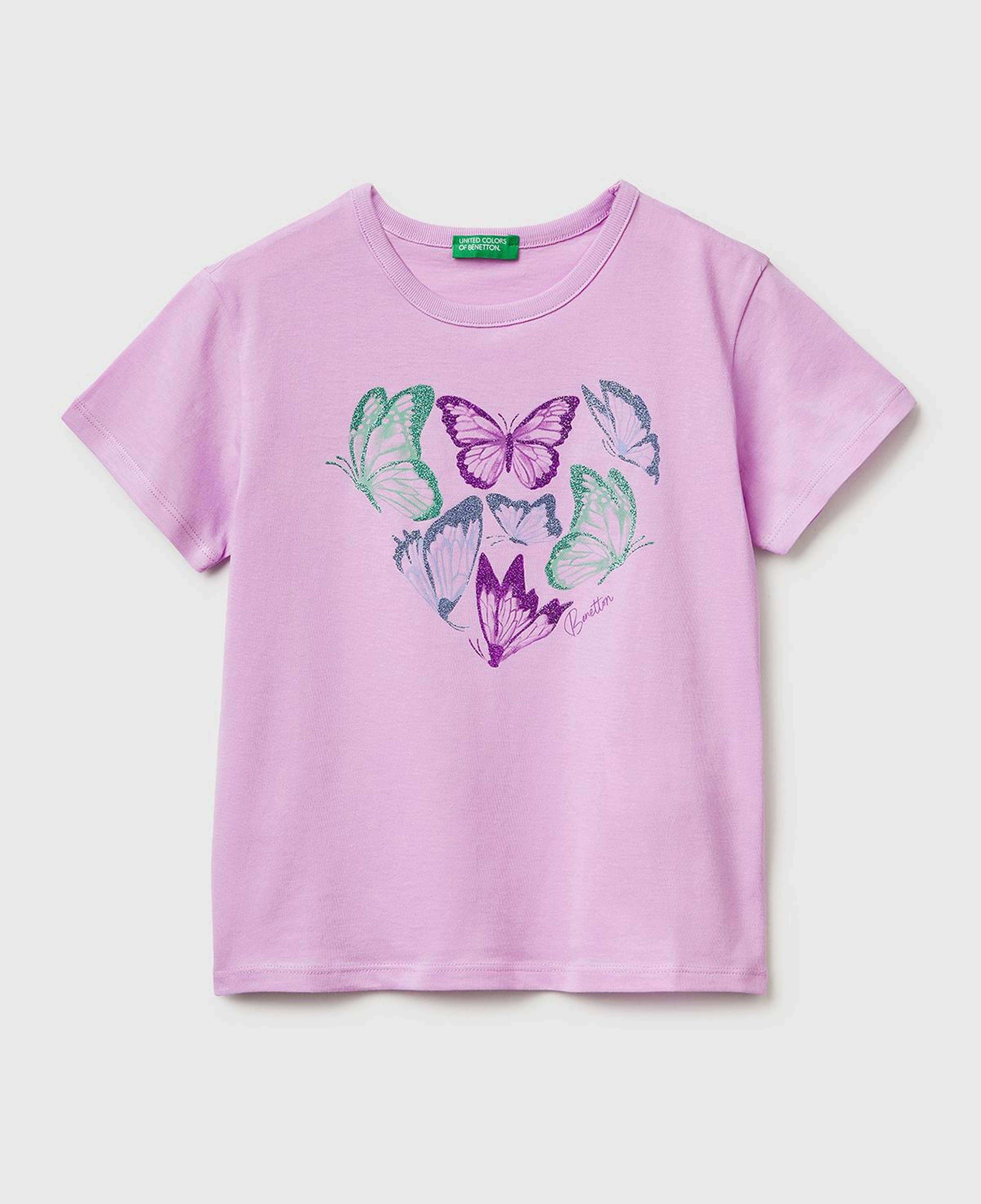 Kız Çocuk Pembe Simli Grafik Baskılı Yuvarlak Yaka T-Shirt