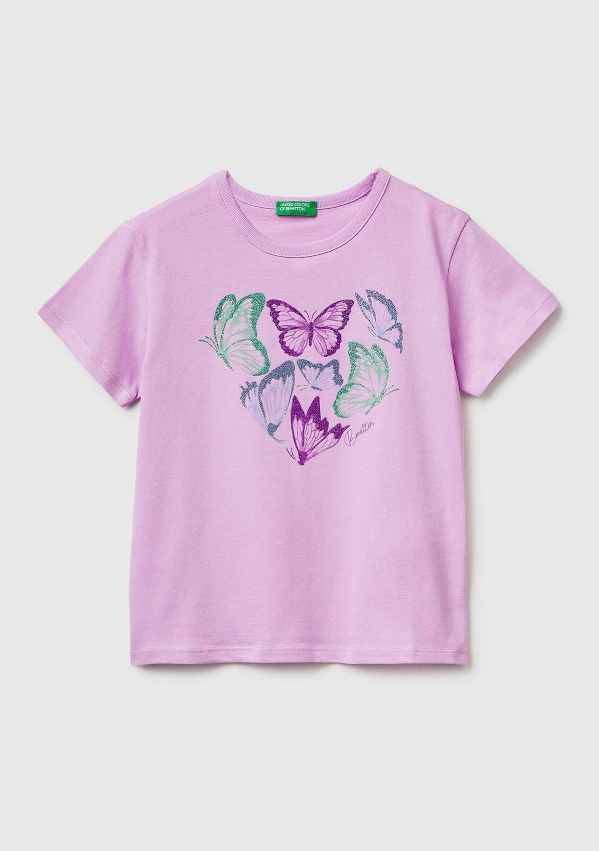 Kız Çocuk Pembe Simli Grafik Baskılı Yuvarlak Yaka T-Shirt