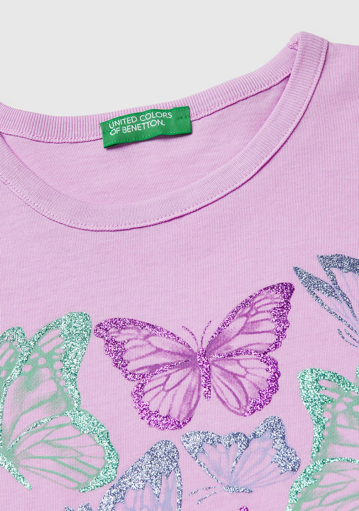 Kız Çocuk Pembe Simli Grafik Baskılı Yuvarlak Yaka T-Shirt