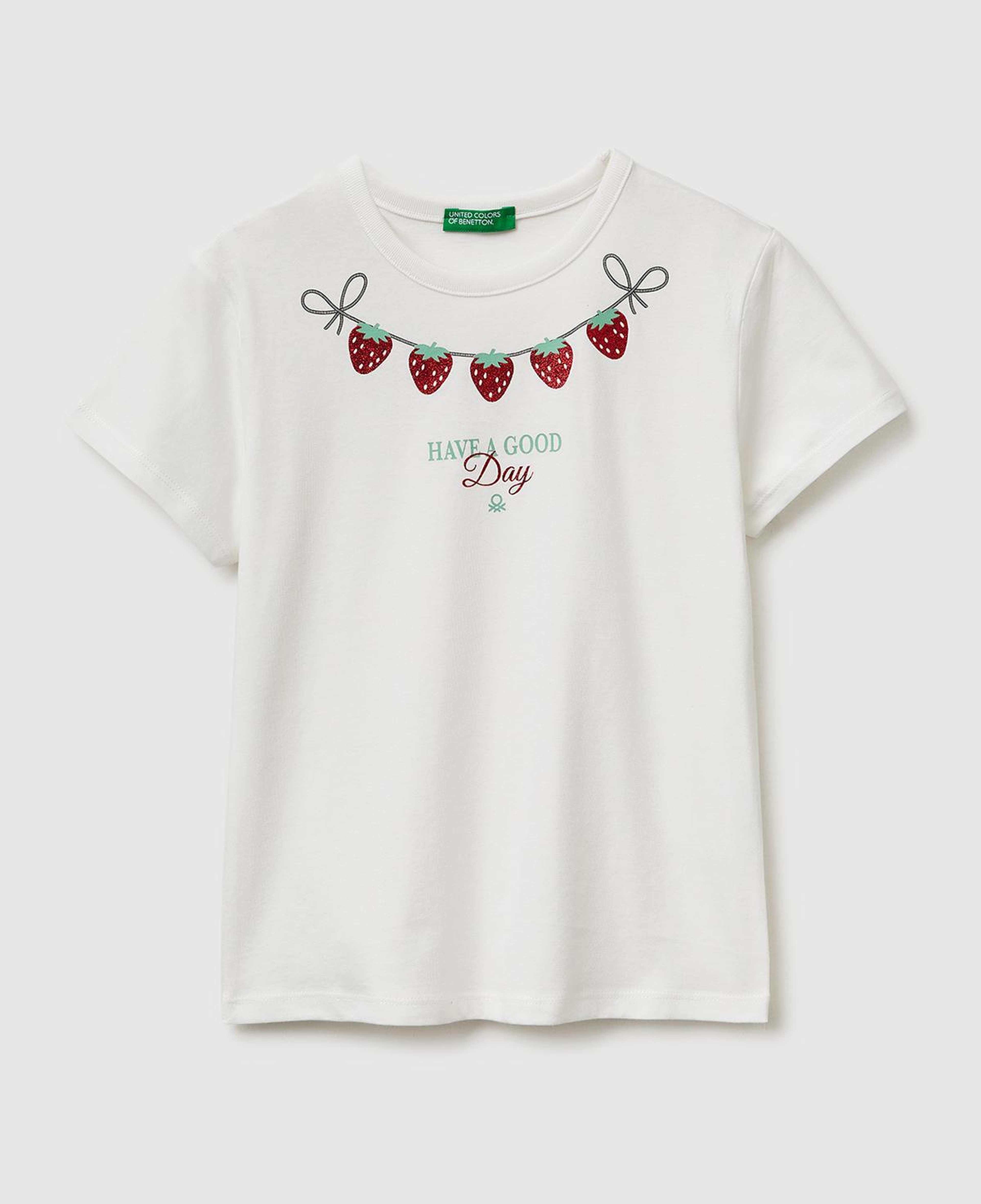 Kız Çocuk Beyaz Simli Grafik Baskılı Yuvarlak Yaka T-Shirt