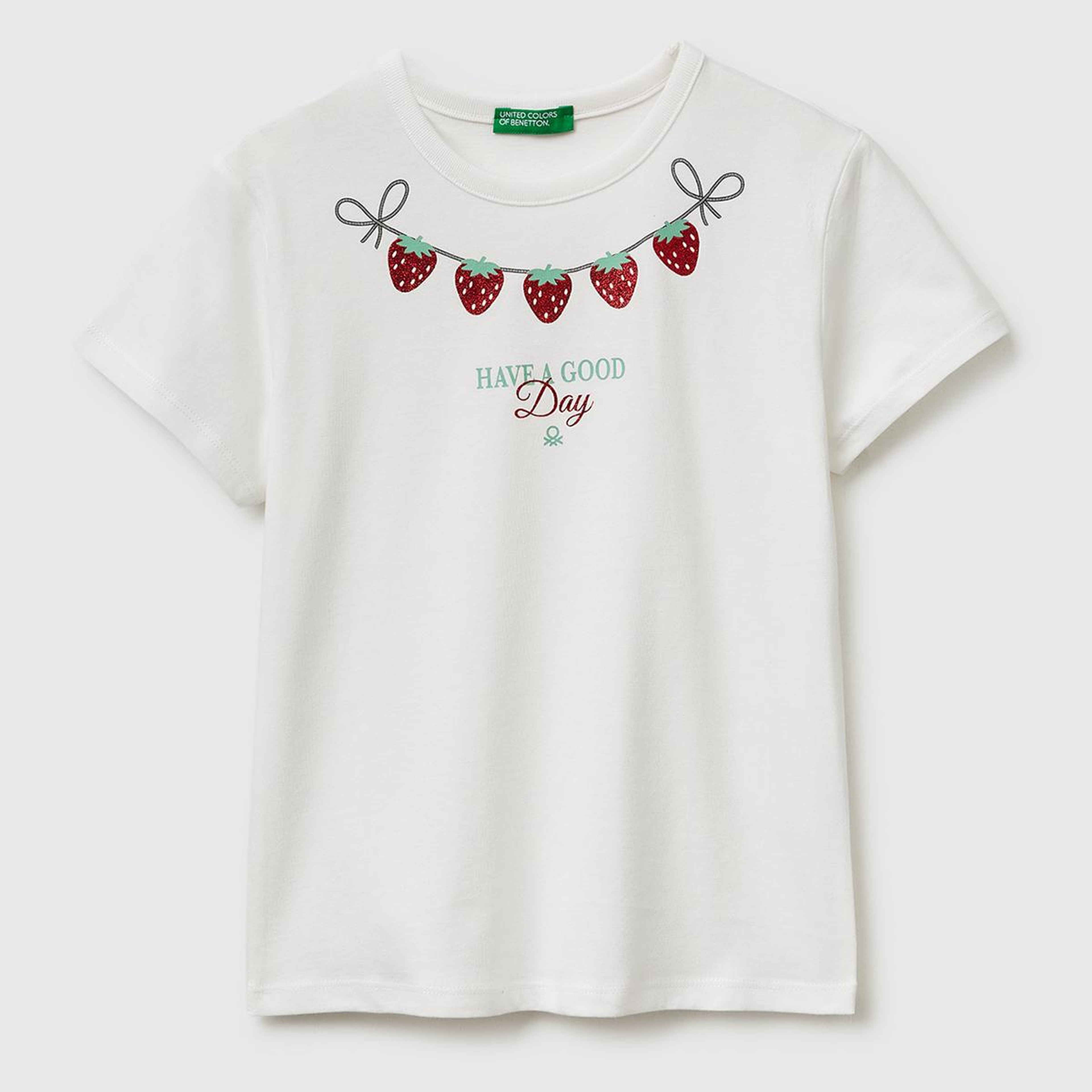 Kız Çocuk Beyaz Simli Grafik Baskılı Yuvarlak Yaka T-Shirt