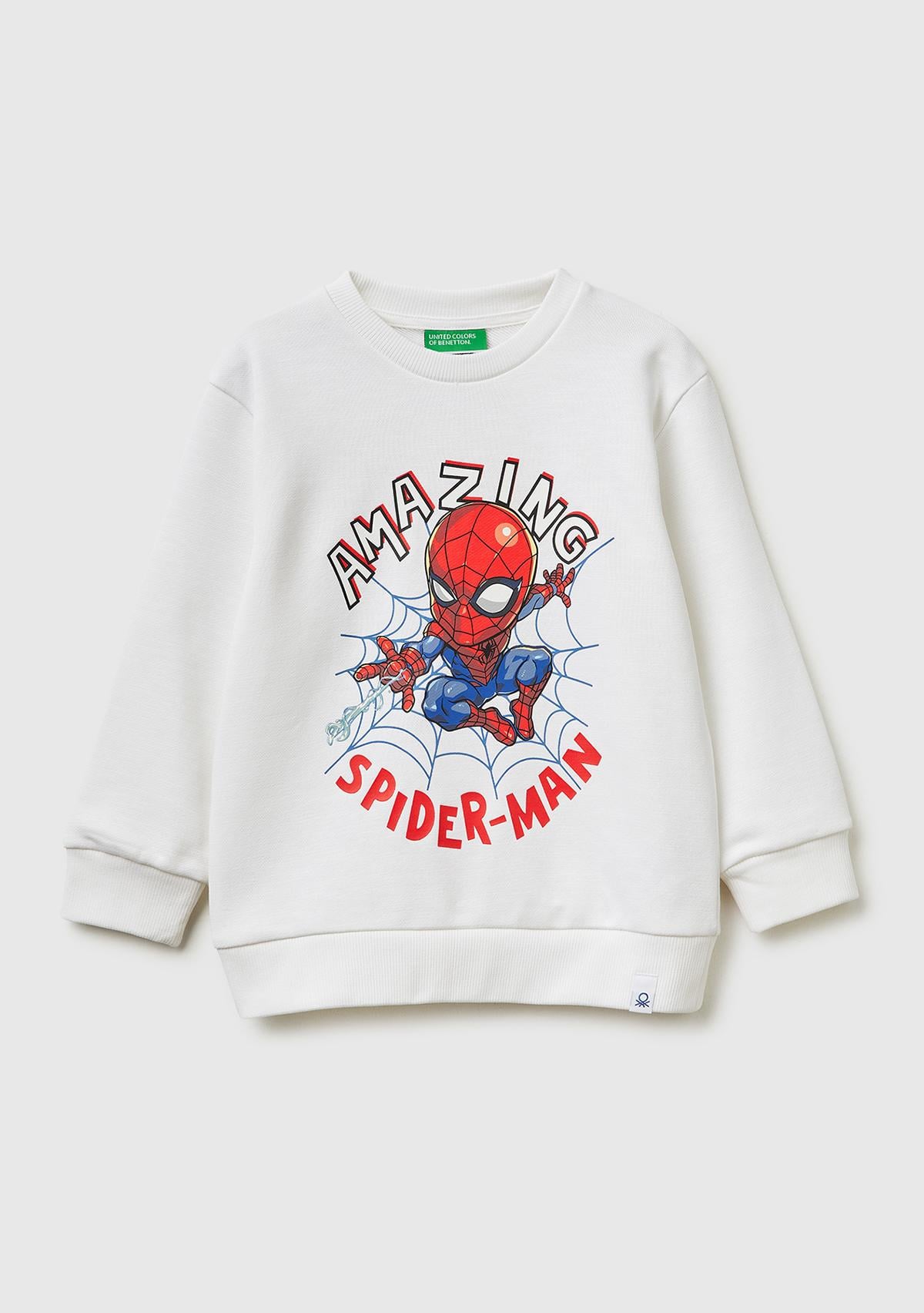 Erkek Çocuk Beyaz Spiderman Baskılı Bisiklet Yaka Sweatshirt