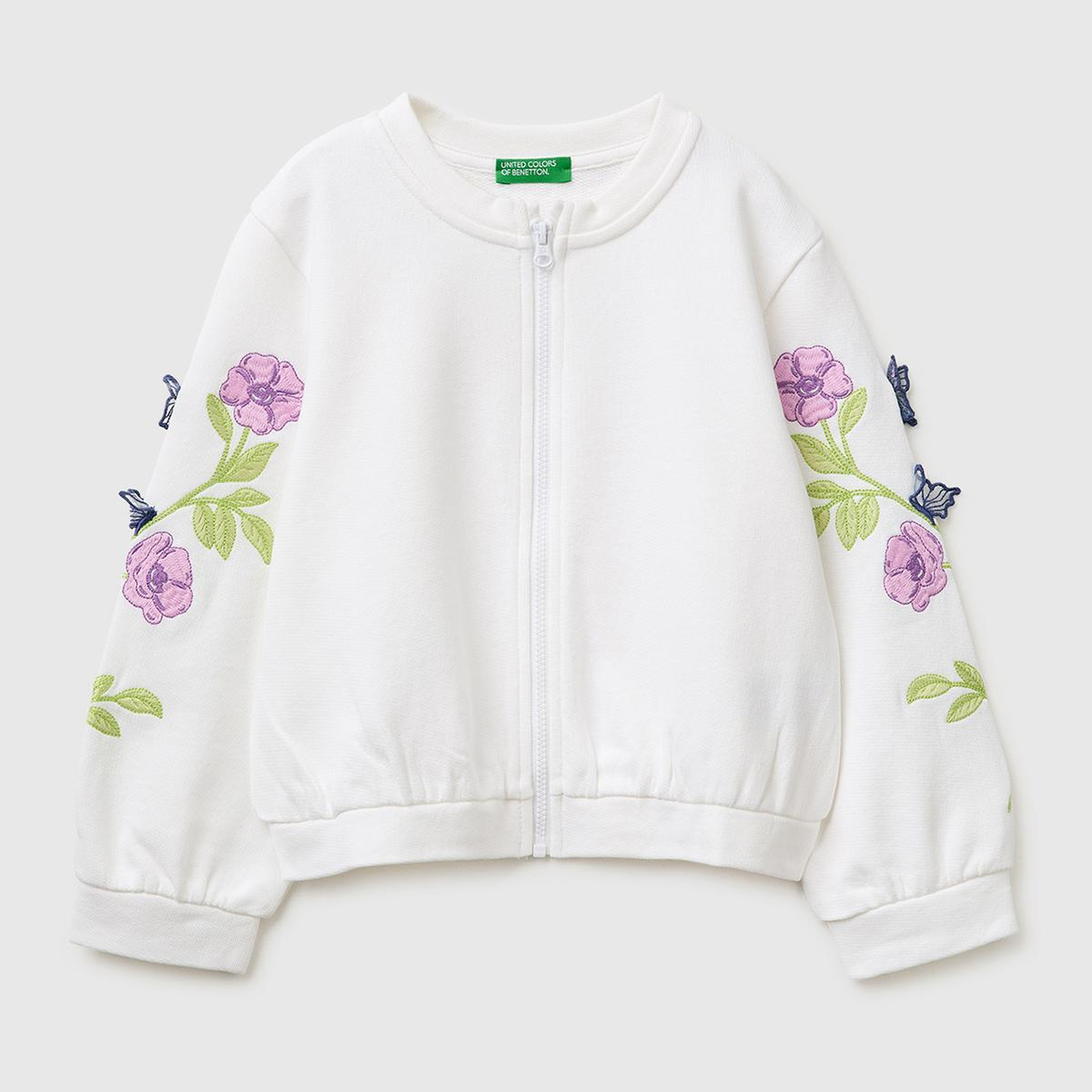 Kız Çocuk Beyaz Kolları İşleme Detaylı Fermuarlı Bisiklet Yaka Sweatshirt