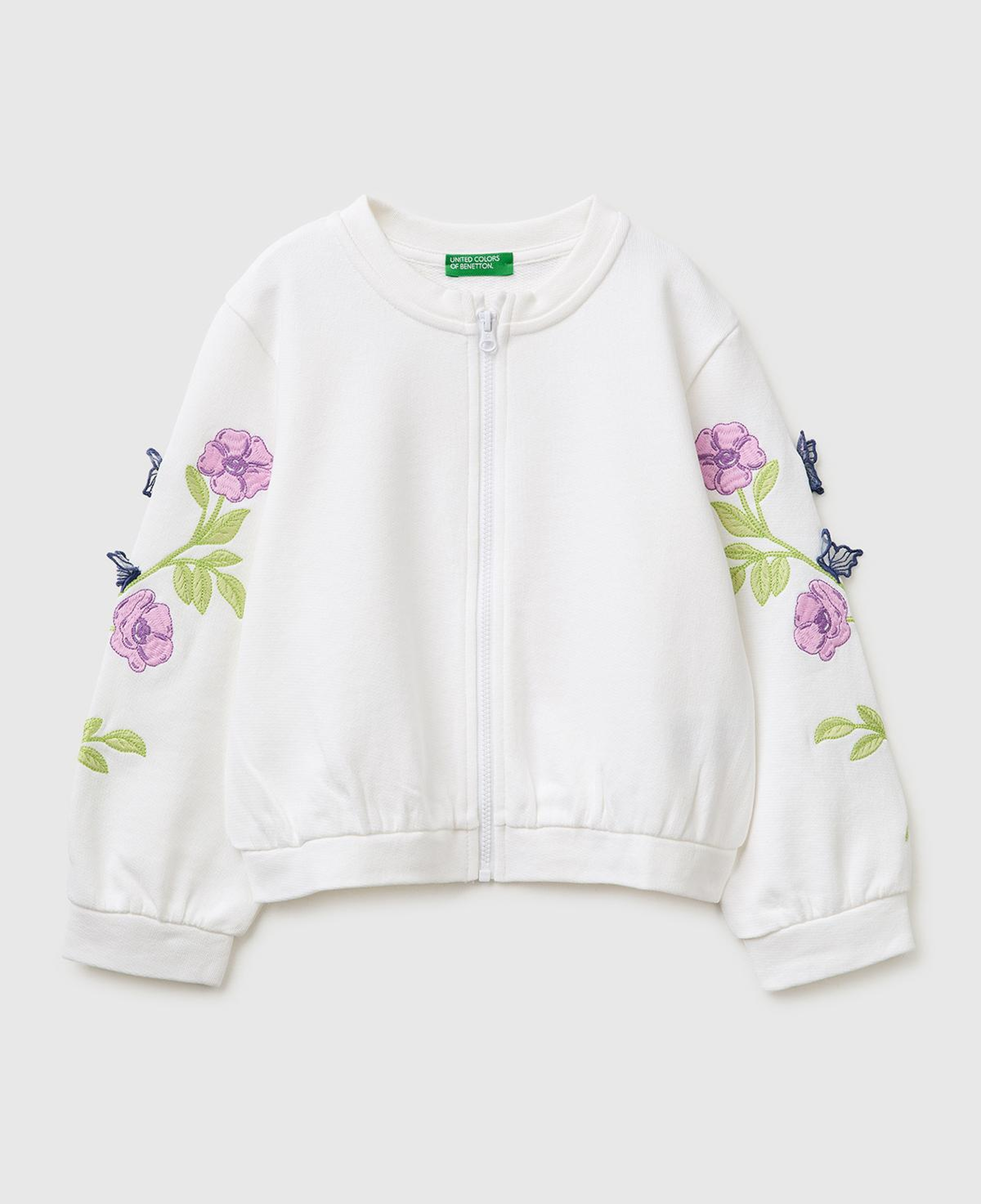 Kız Çocuk Beyaz Kolları İşleme Detaylı Fermuarlı Bisiklet Yaka Sweatshirt