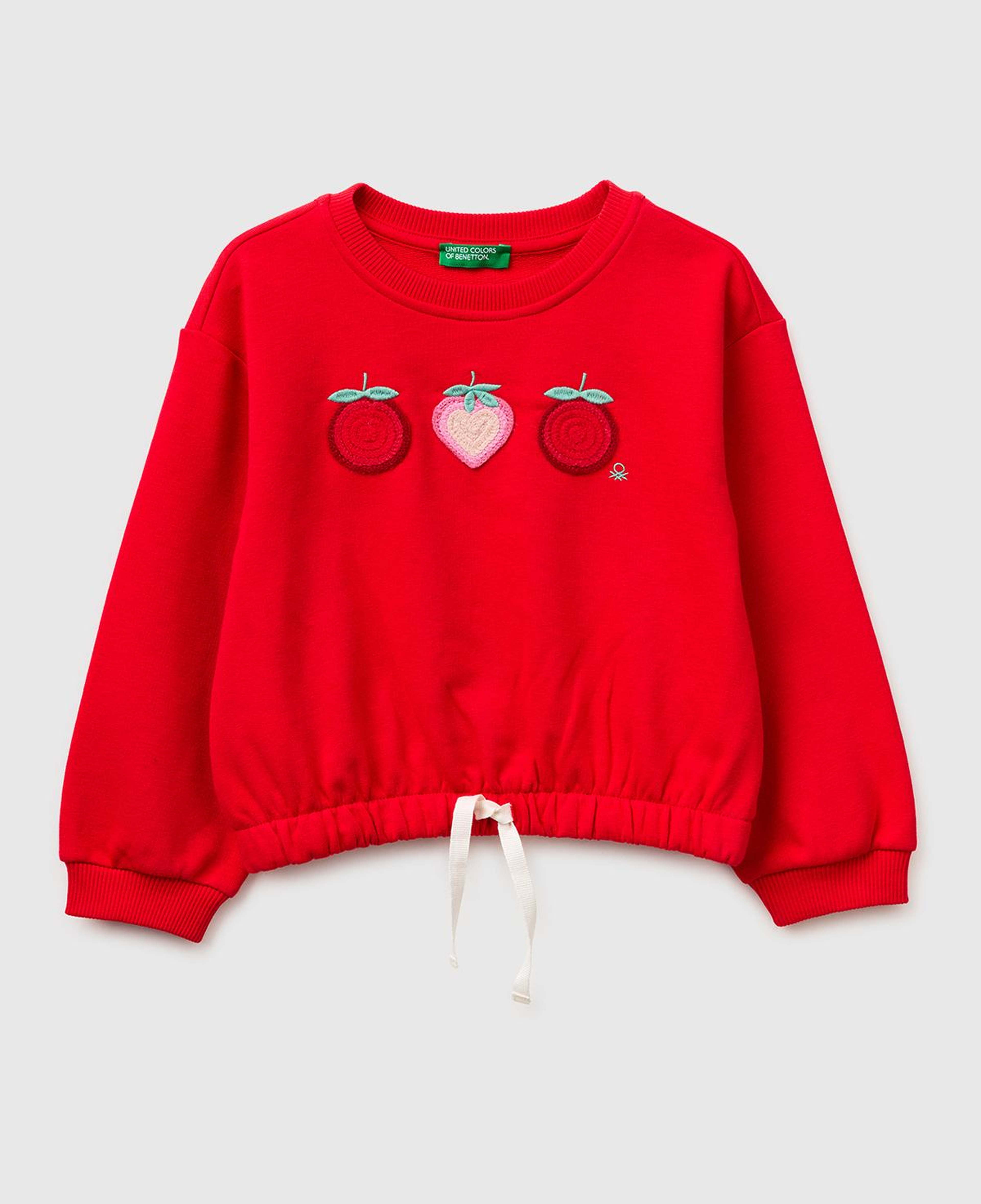 Kız Çocuk Kırmızı Tığ İşi Aplike Detaylı Etek Ucu Büzgülü Sweatshirt