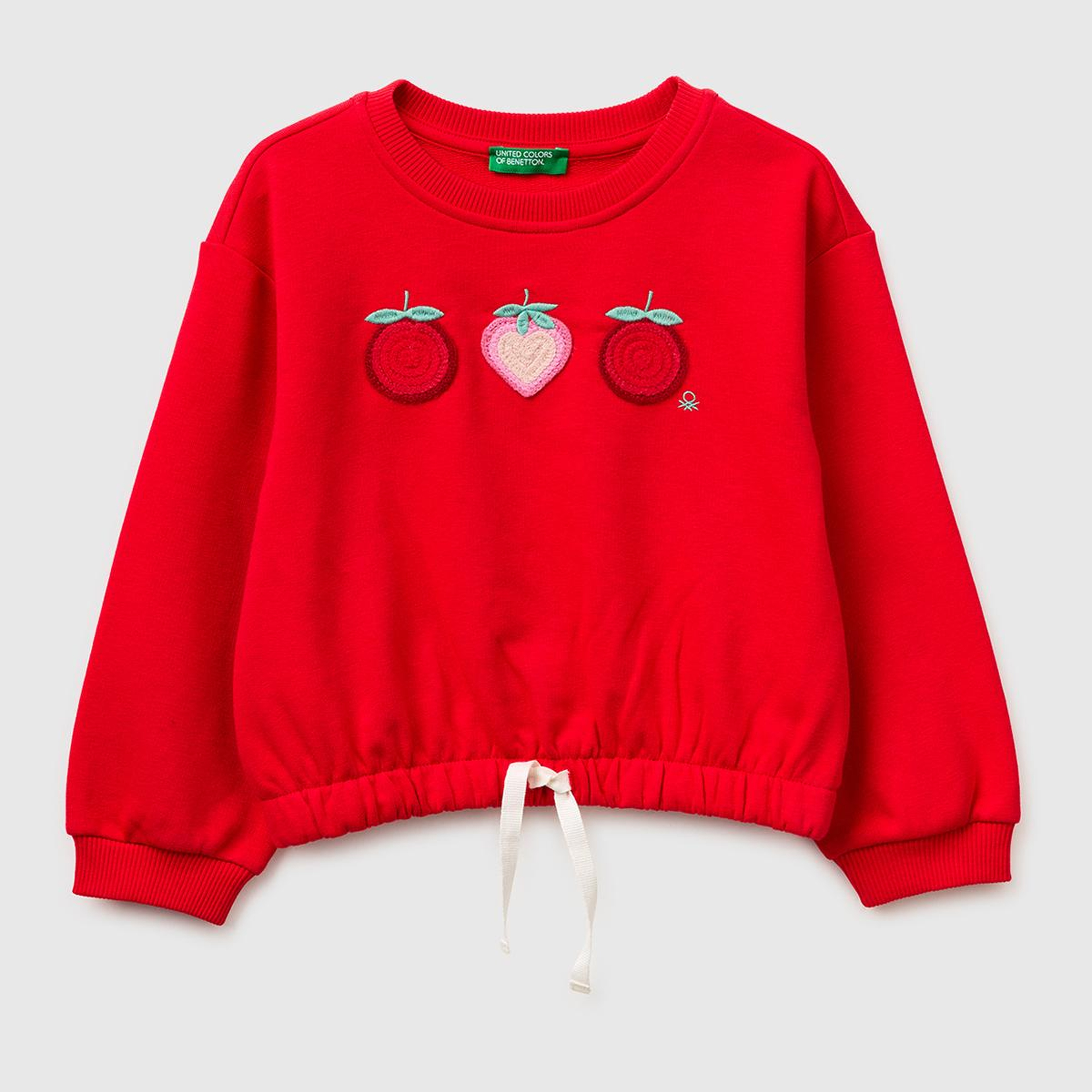 Kız Çocuk Kırmızı Tığ İşi Aplike Detaylı Etek Ucu Büzgülü Sweatshirt