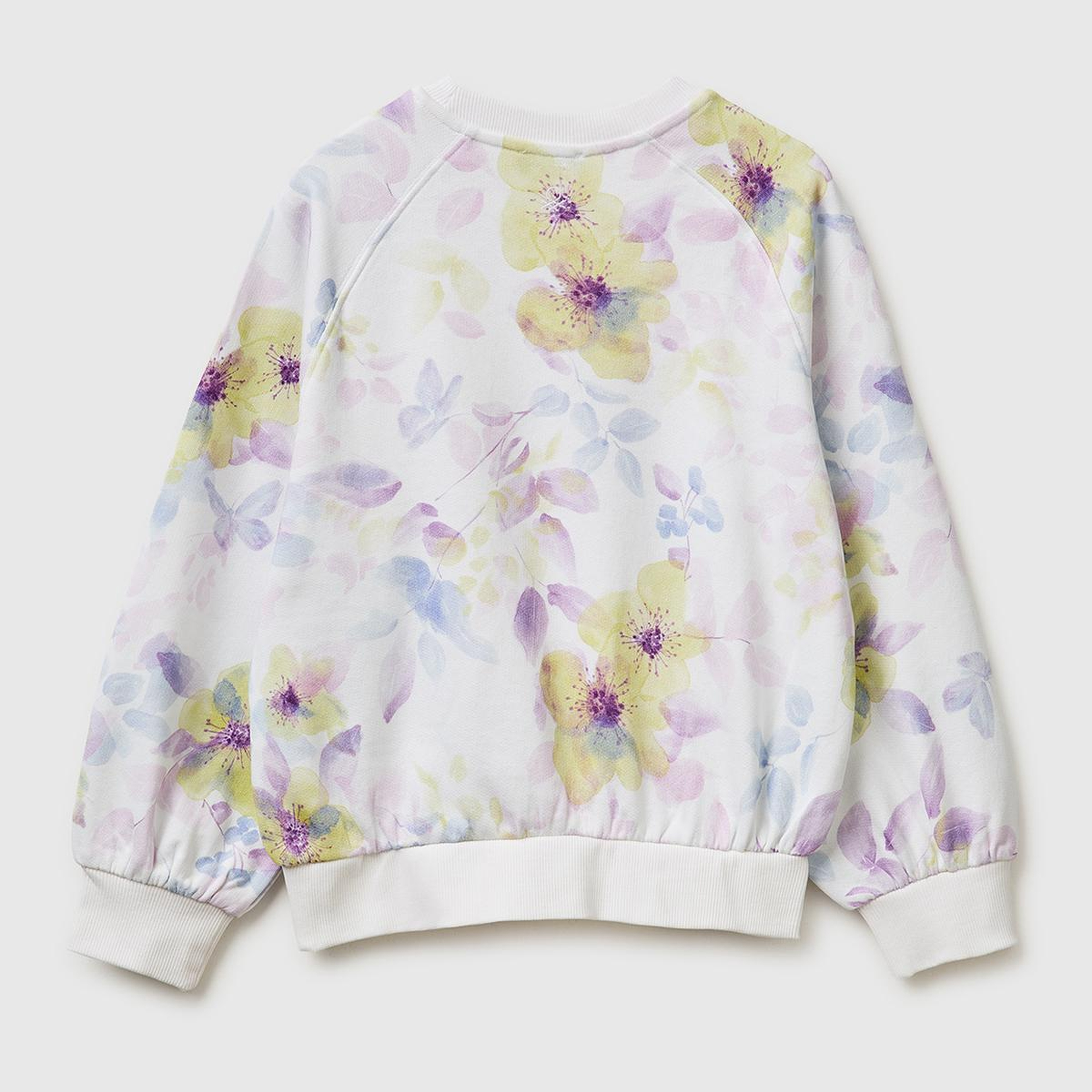 Kız Çocuk Ekru Önü Kesik Detaylı Baskılı Yuvarlak Yaka Sweatshirt