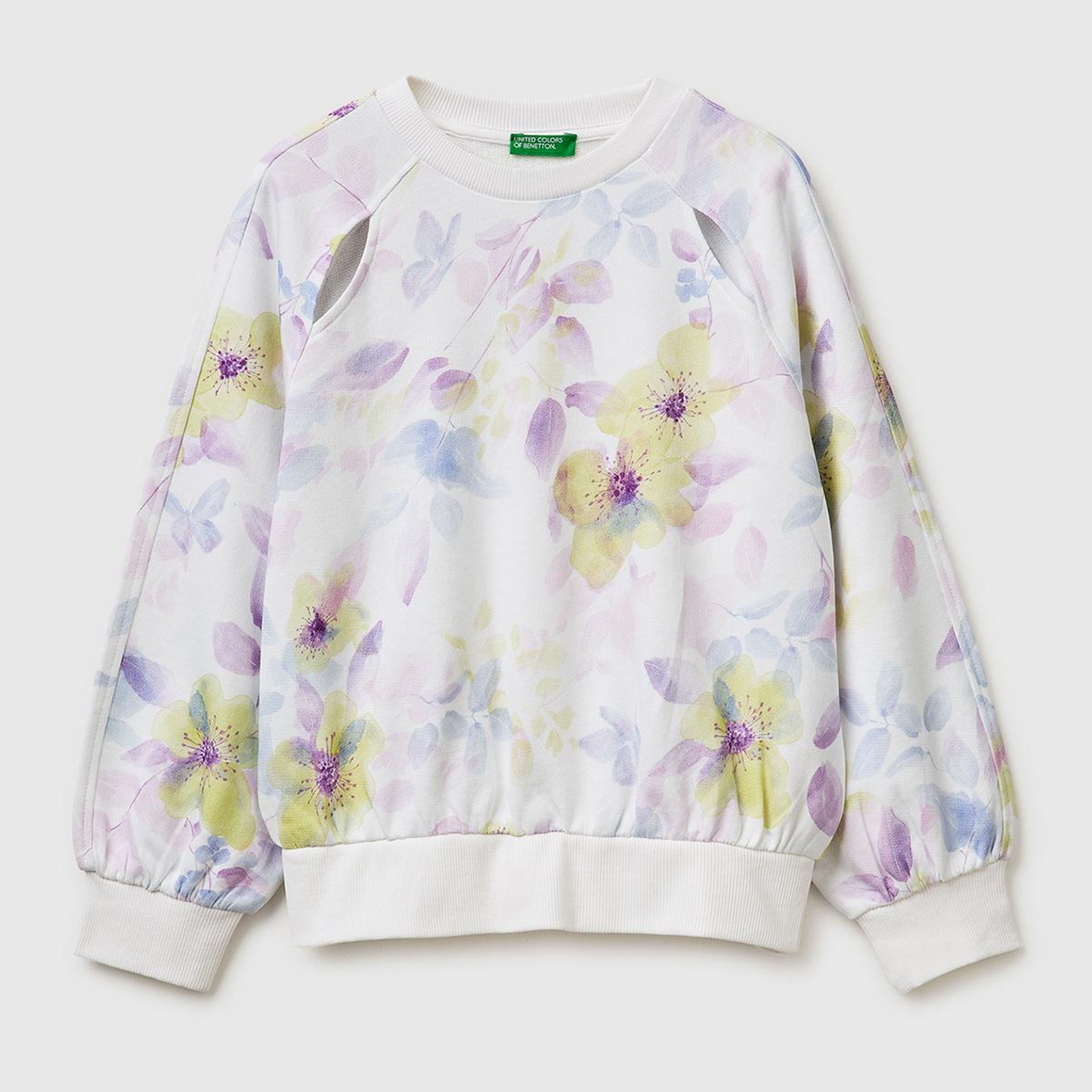 Kız Çocuk Ekru Önü Kesik Detaylı Baskılı Yuvarlak Yaka Sweatshirt