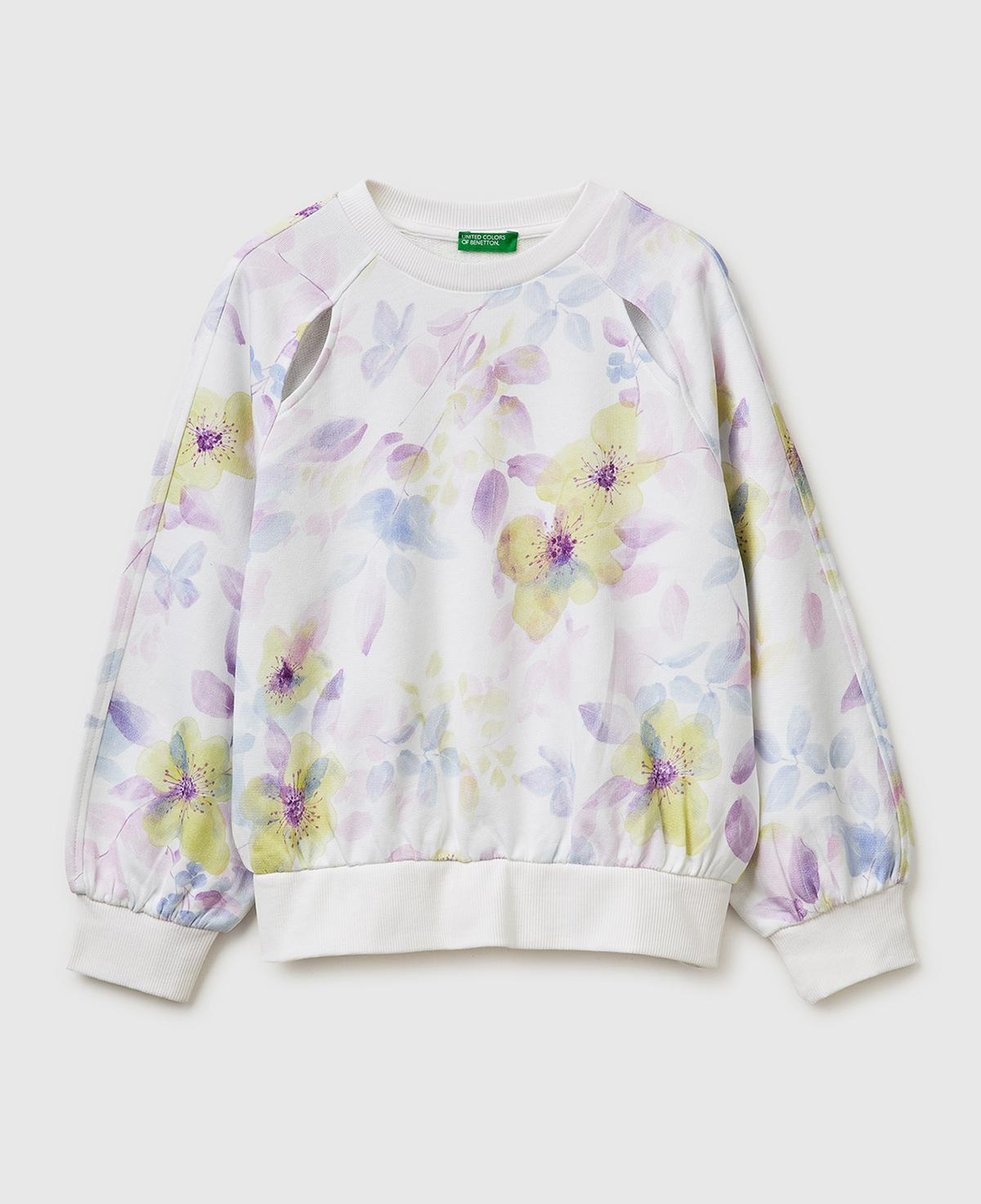 Kız Çocuk Ekru Önü Kesik Detaylı Baskılı Yuvarlak Yaka Sweatshirt