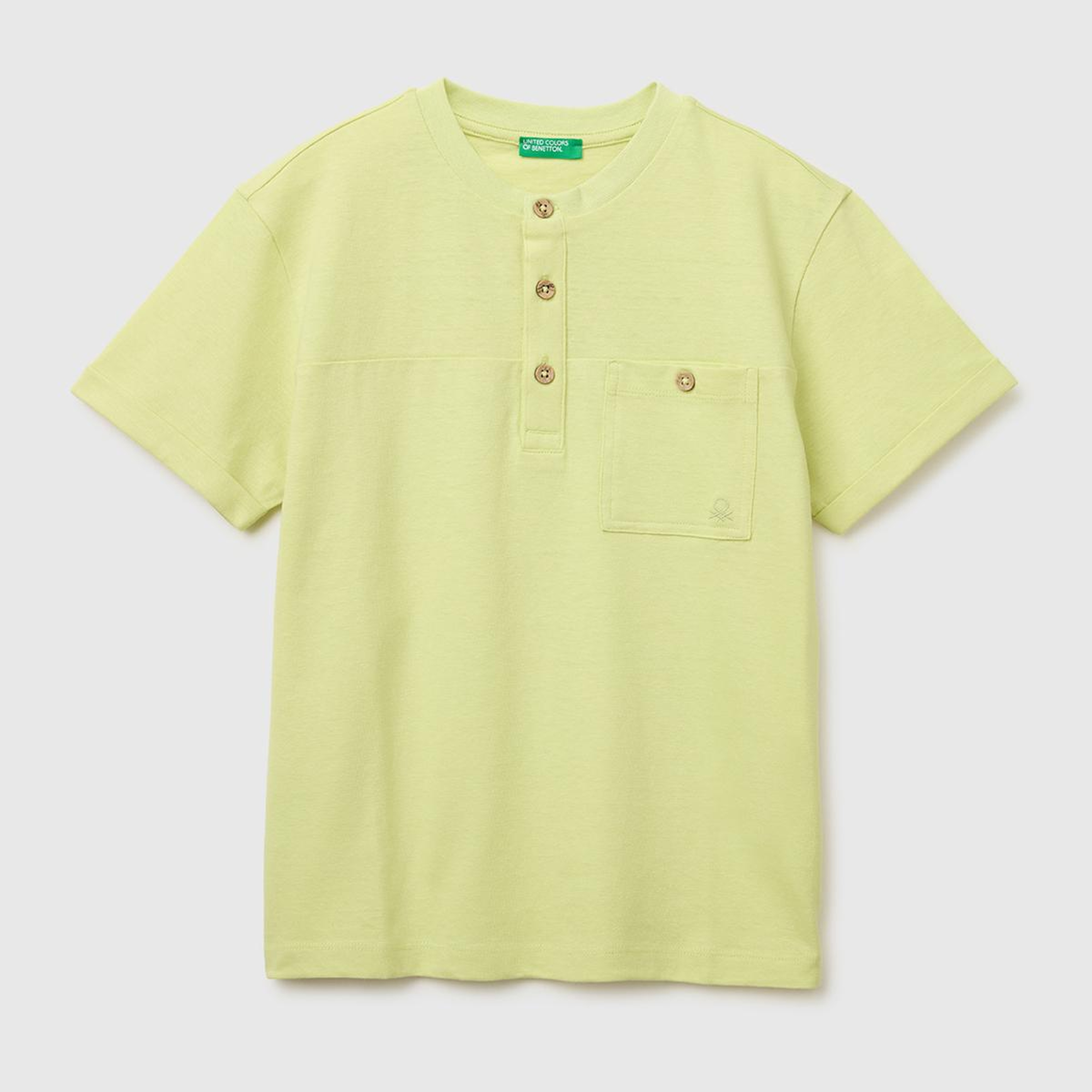 Erkek Çocuk Sarı Logo İşlemeli Düğmeli Cep Detaylı Henley Yaka T-Shirt
