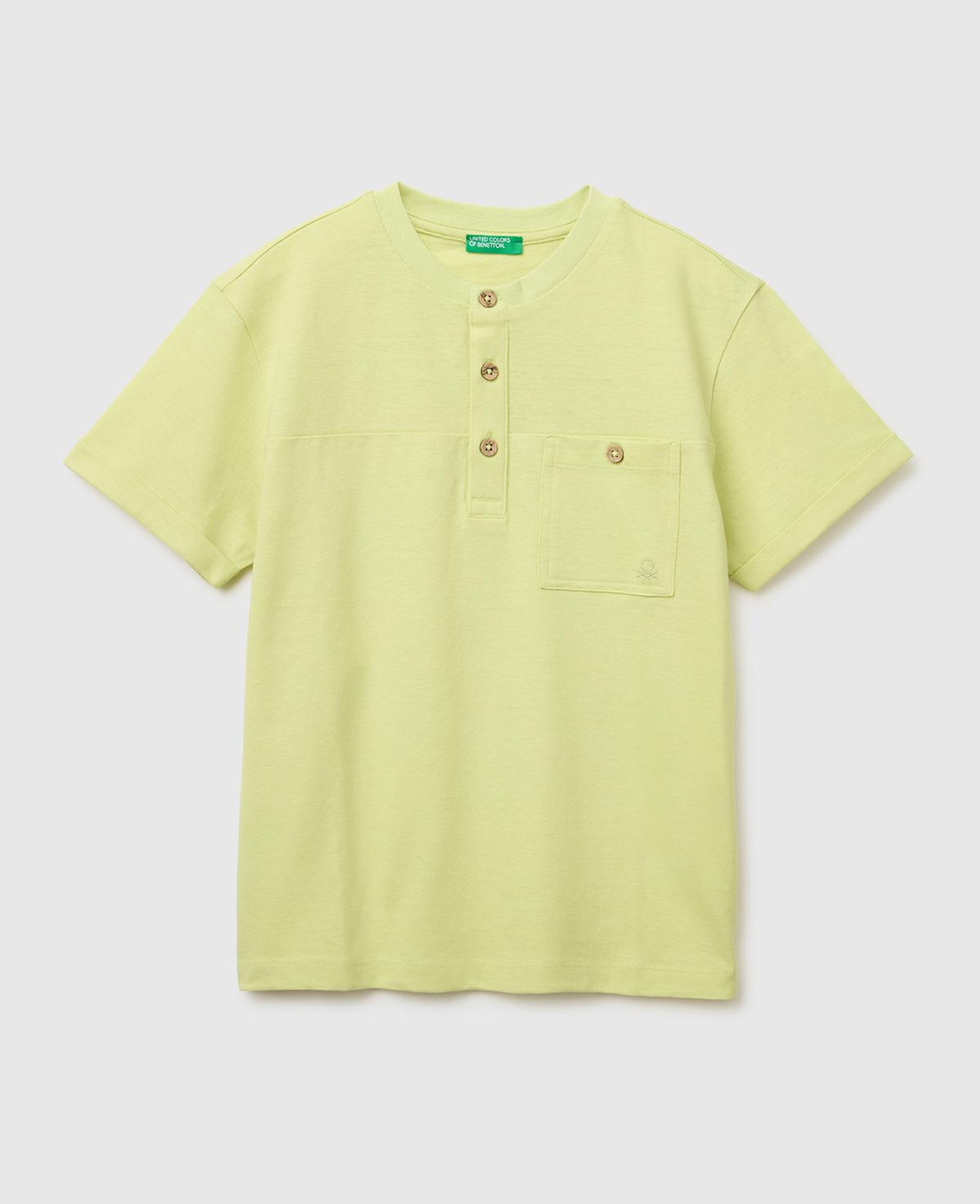 Erkek Çocuk Sarı Logo İşlemeli Düğmeli Cep Detaylı Henley Yaka T-Shirt