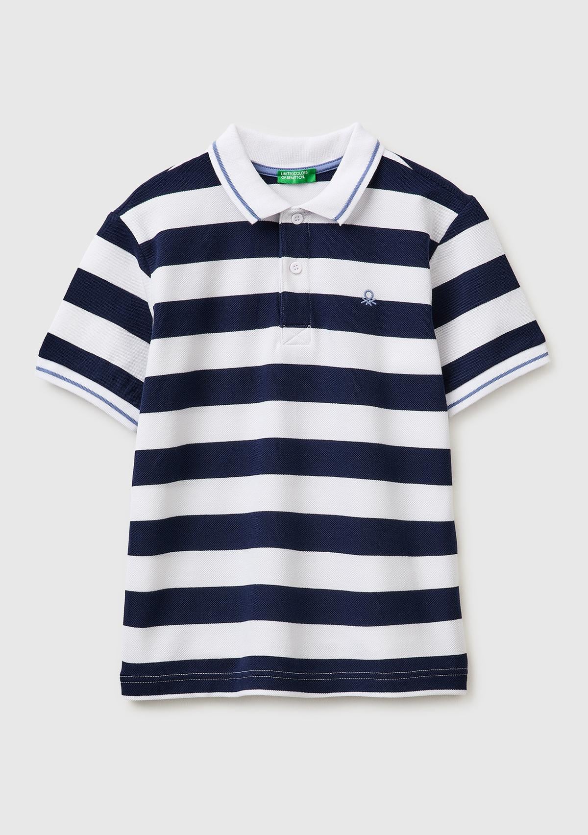 Erkek Çocuk Koyu Mavi Mix Çizgili Logo Nakışlı Polo Yaka Çocuk T-Shirt