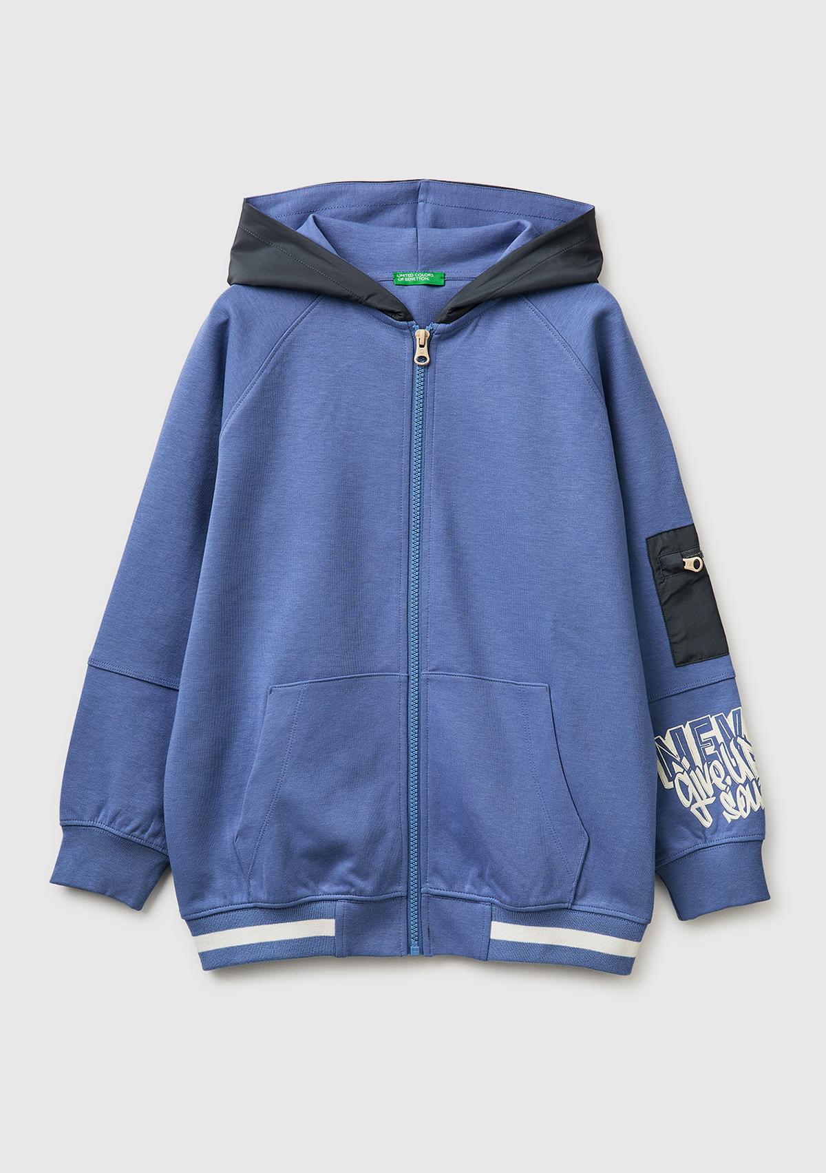 Erkek Çocuk Havacı Mavi Cep Detaylı Fermuarlı Kapüşonlu Sweatshirt