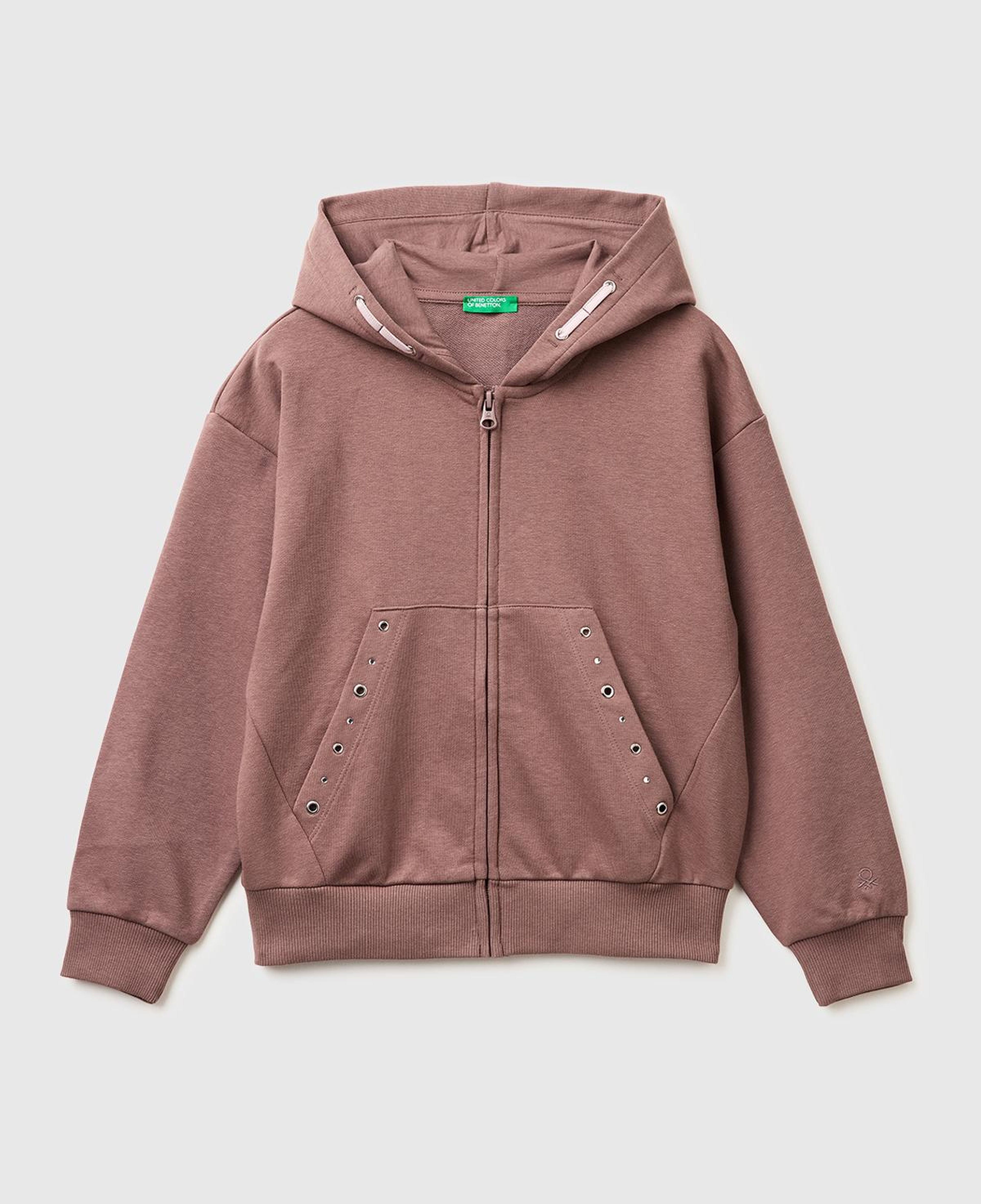 Kız Çocuk Kahverengi Taş İşlemeli Kanguru Cepli Fermuarlı Kapüşonlu Sweatshirt