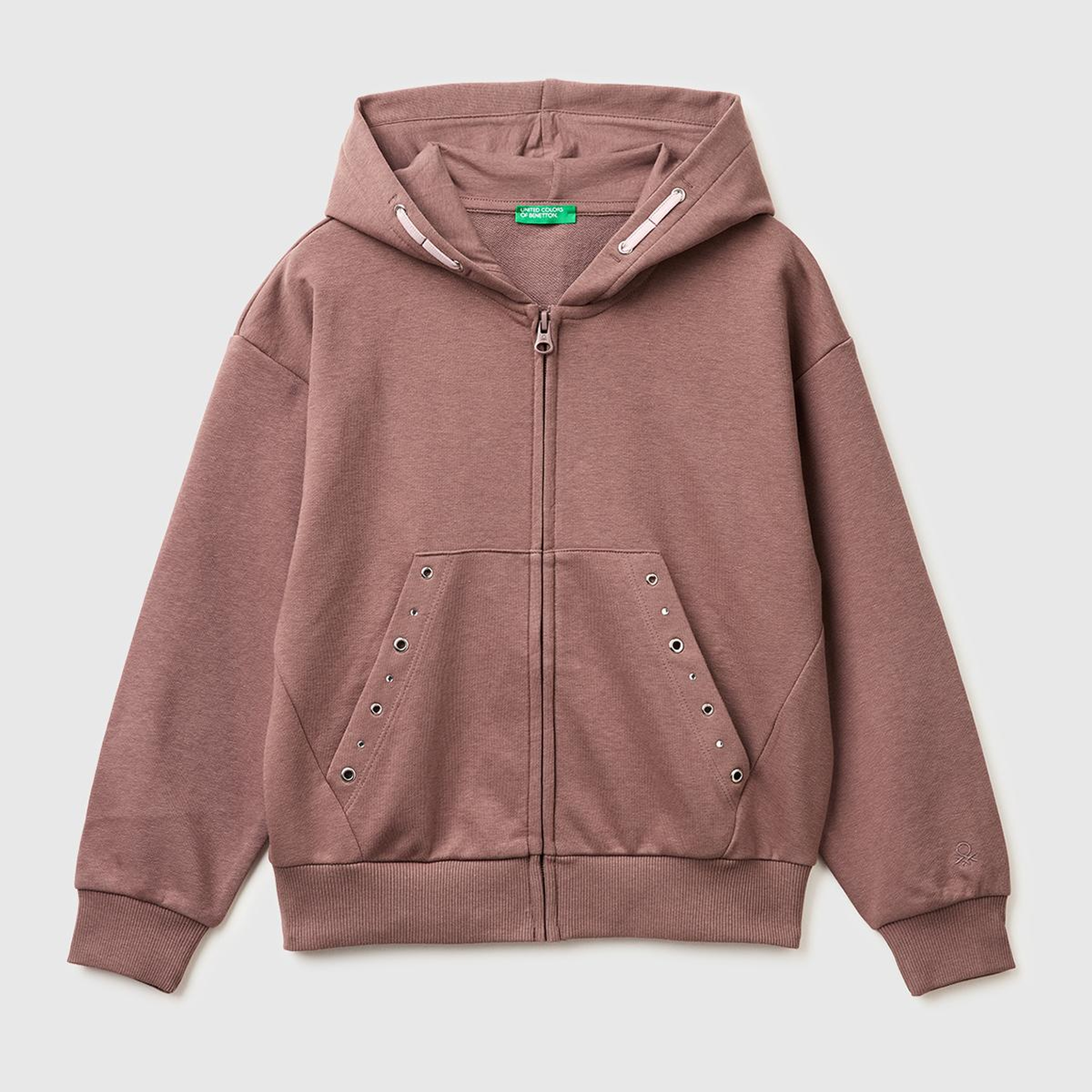 Kız Çocuk Kahverengi Taş İşlemeli Kanguru Cepli Fermuarlı Kapüşonlu Sweatshirt