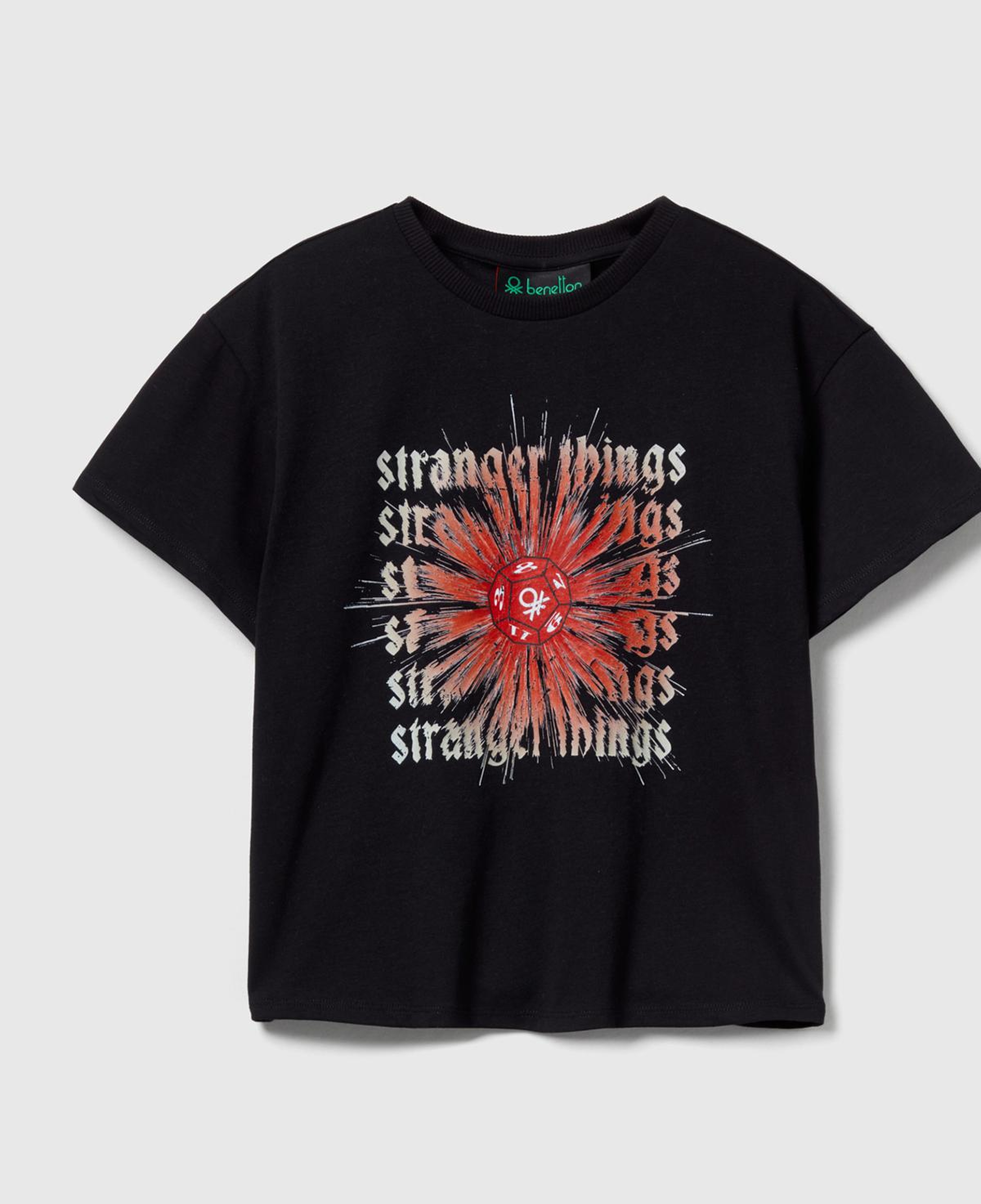 Kız Çocuk Siyah %100 Pamuk Stranger Things Ön Baskılı Kısa Kollu T-Shirt