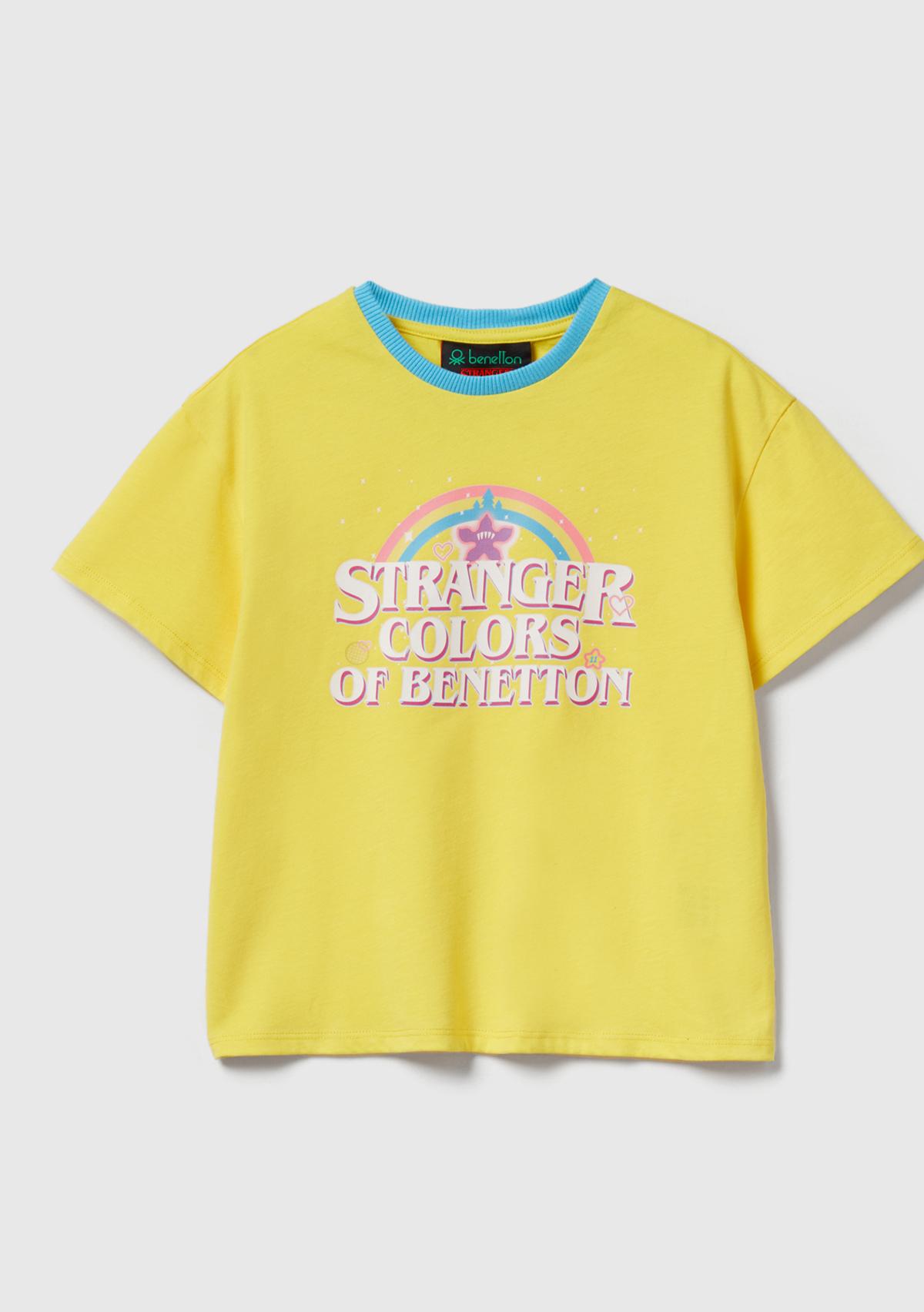 Kız Çocuk Sarı %100 Pamuk Stranger Things Ön Baskılı Kısa Kollu T-Shirt