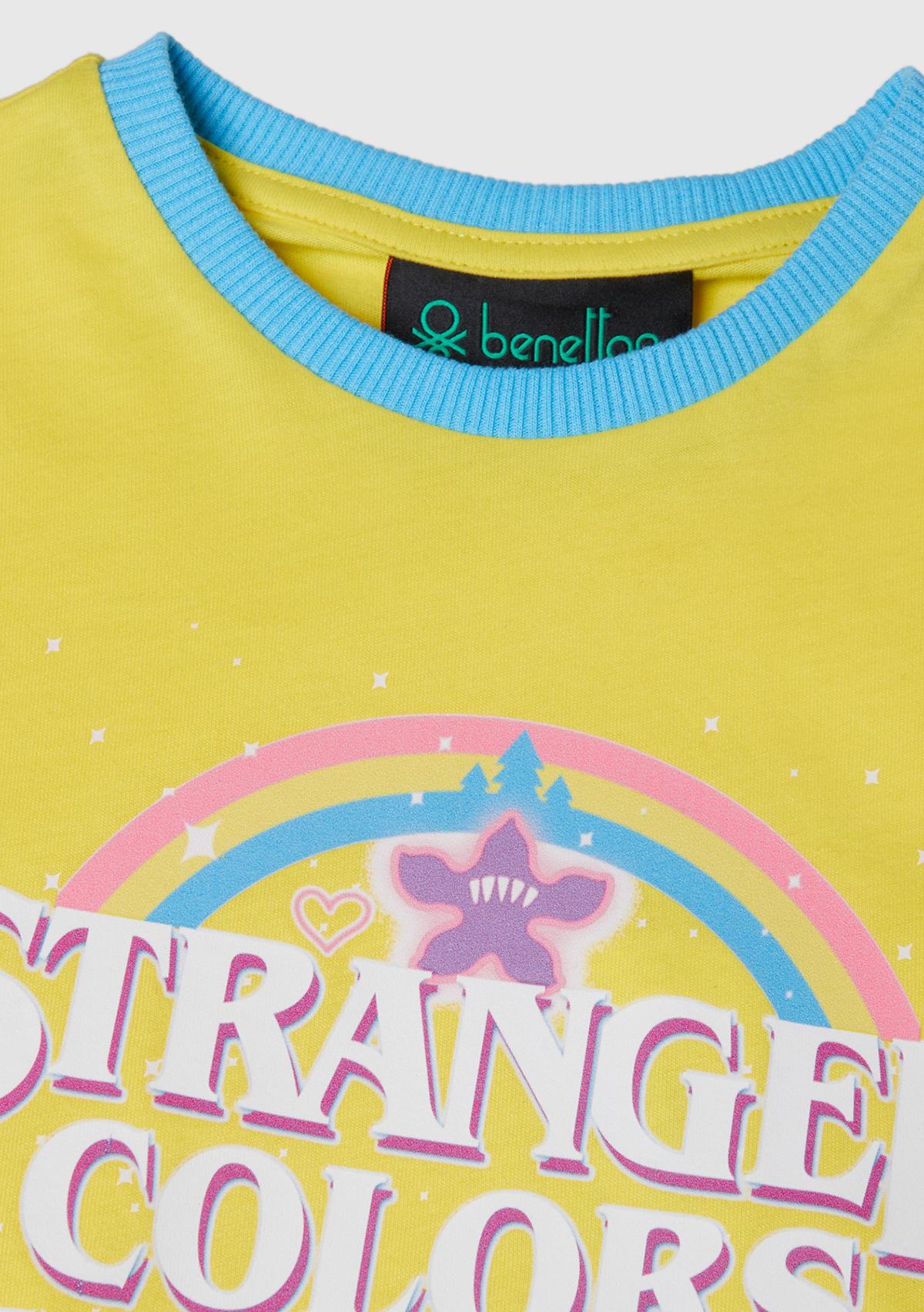 Kız Çocuk Sarı %100 Pamuk Stranger Things Ön Baskılı Kısa Kollu T-Shirt