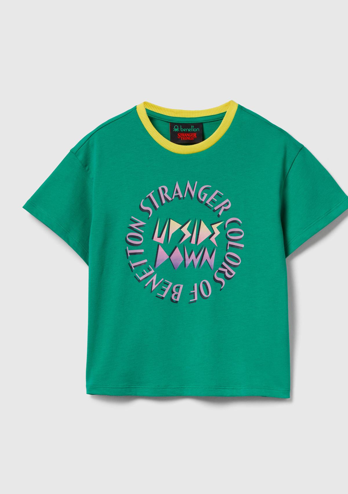 Kız Çocuk Yeşil %100 Pamuk Stranger Things Ön Baskılı Kısa Kollu T-Shirt