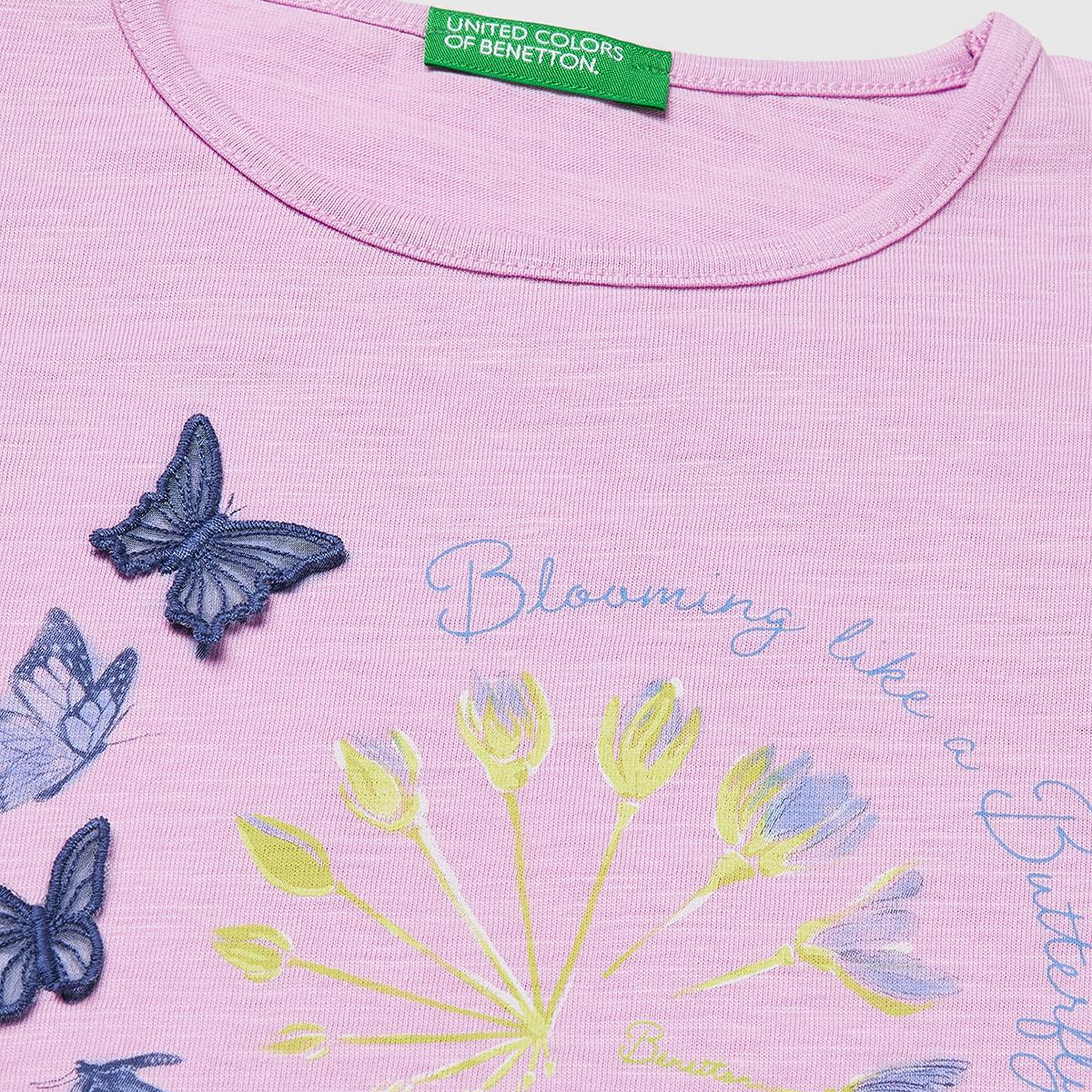 Kız Çocuk Pembe İşlemeli Kelebek Baskılı Kolları Fırfırlı T-Shirt