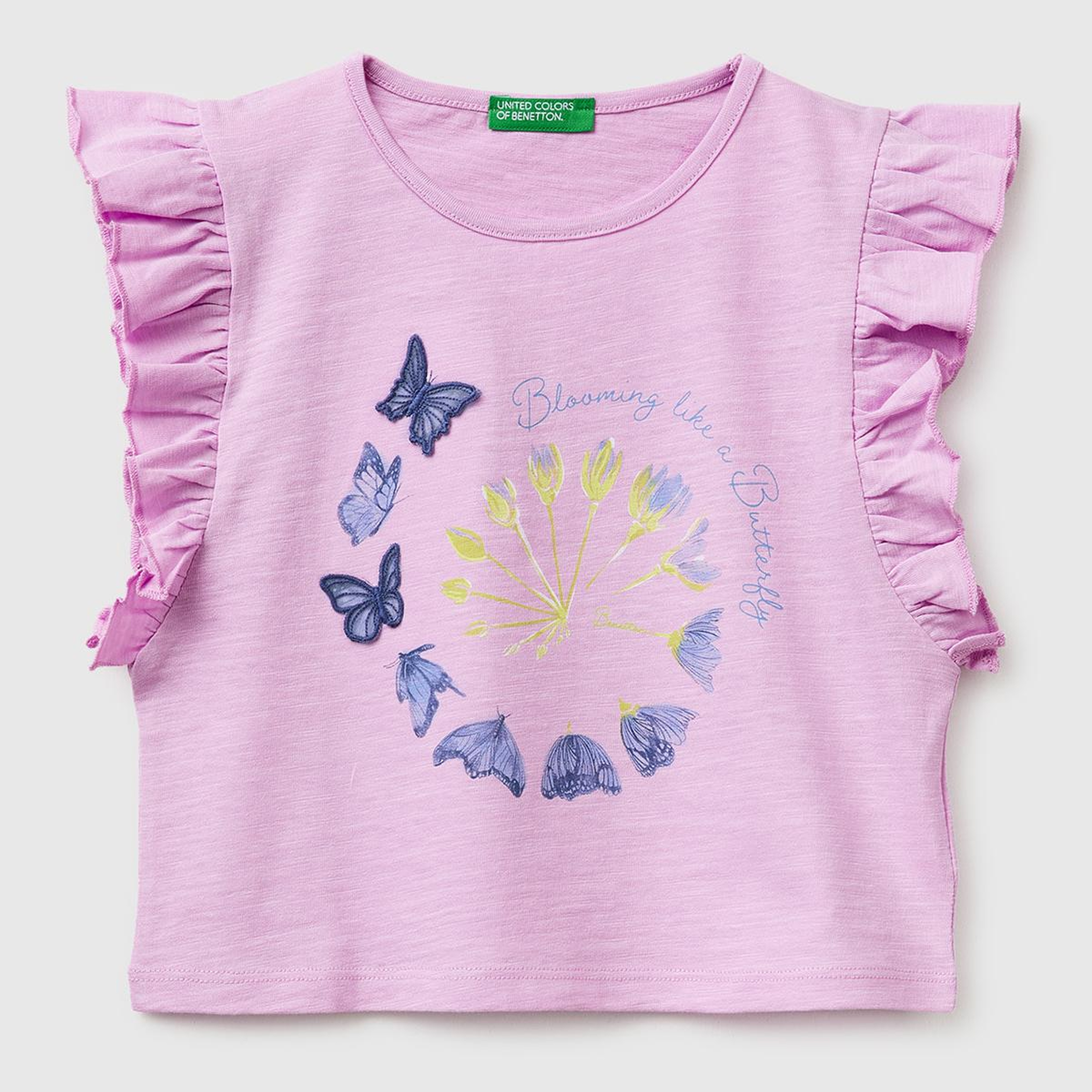 Kız Çocuk Pembe İşlemeli Kelebek Baskılı Kolları Fırfırlı T-Shirt