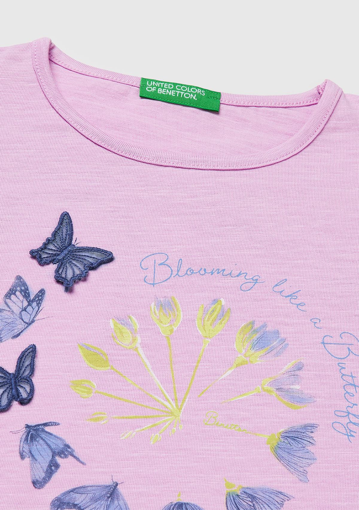 Kız Çocuk Pembe İşlemeli Kelebek Baskılı Kolları Fırfırlı T-Shirt