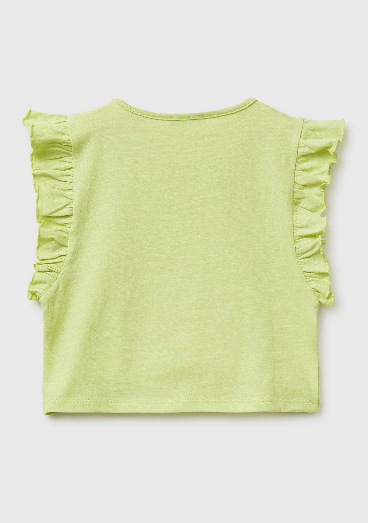 Kız Çocuk Sarı İşlemeli Kelebek Baskılı Kolları Fırfırlı T-Shirt