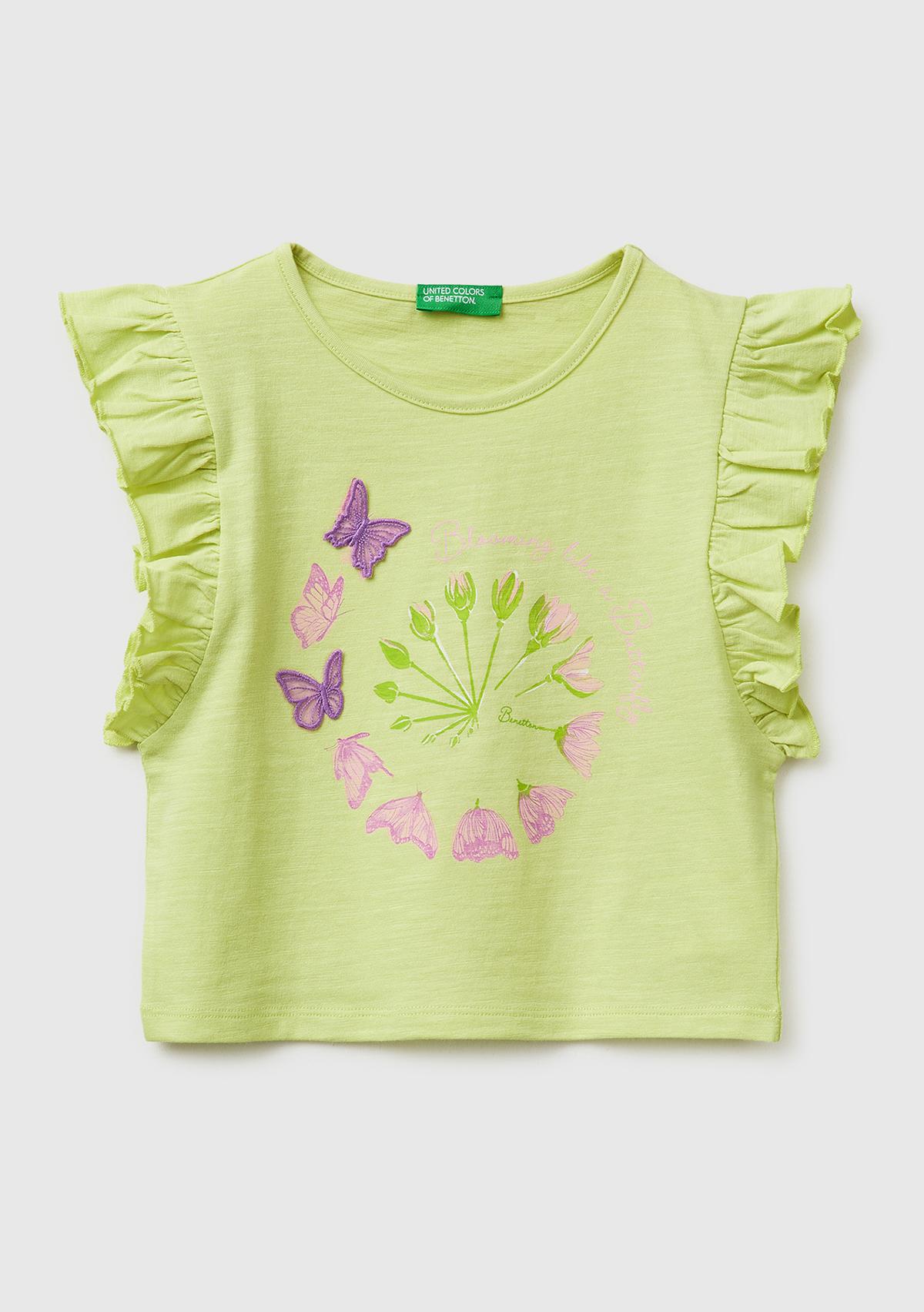 Kız Çocuk Sarı İşlemeli Kelebek Baskılı Kolları Fırfırlı T-Shirt