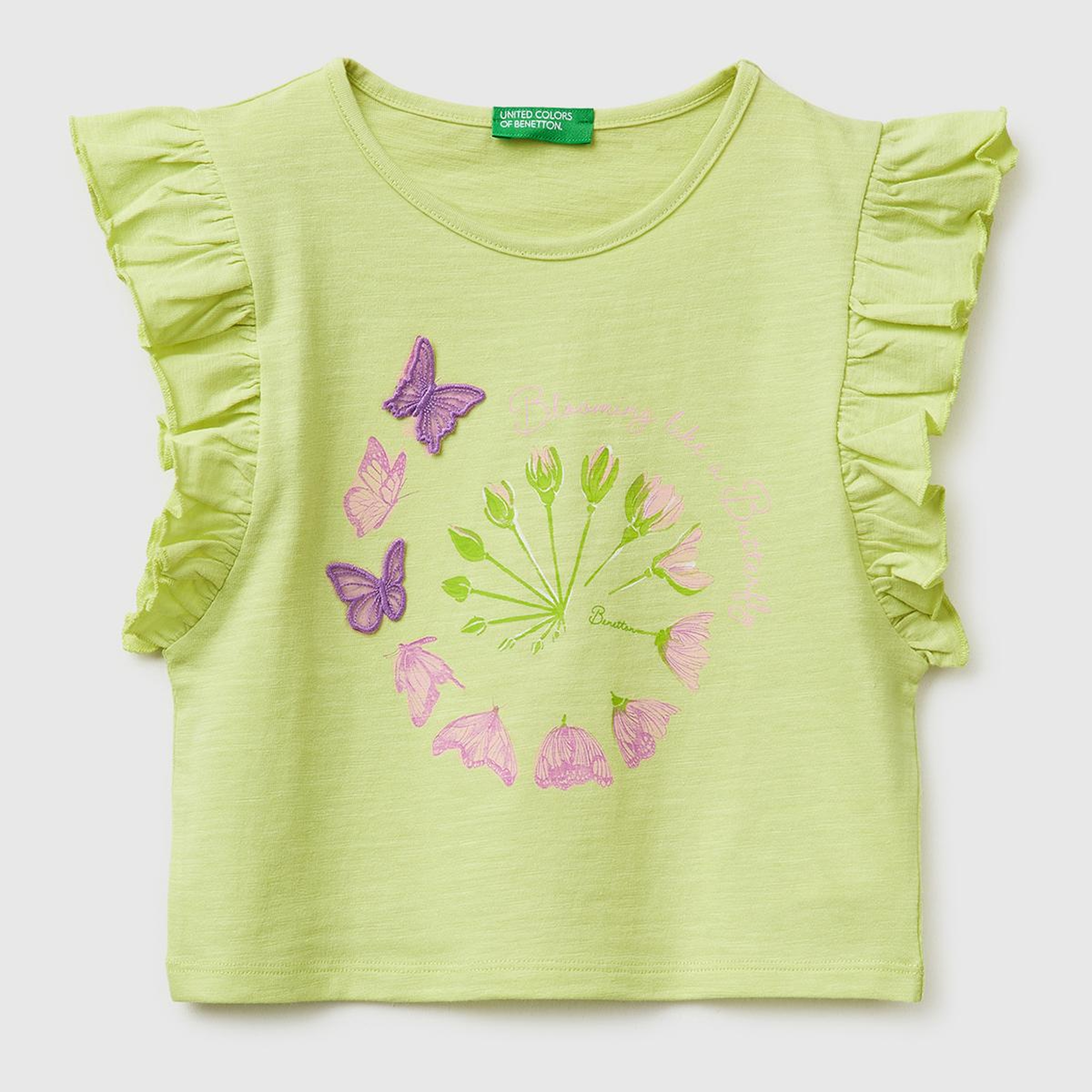 Kız Çocuk Sarı İşlemeli Kelebek Baskılı Kolları Fırfırlı T-Shirt
