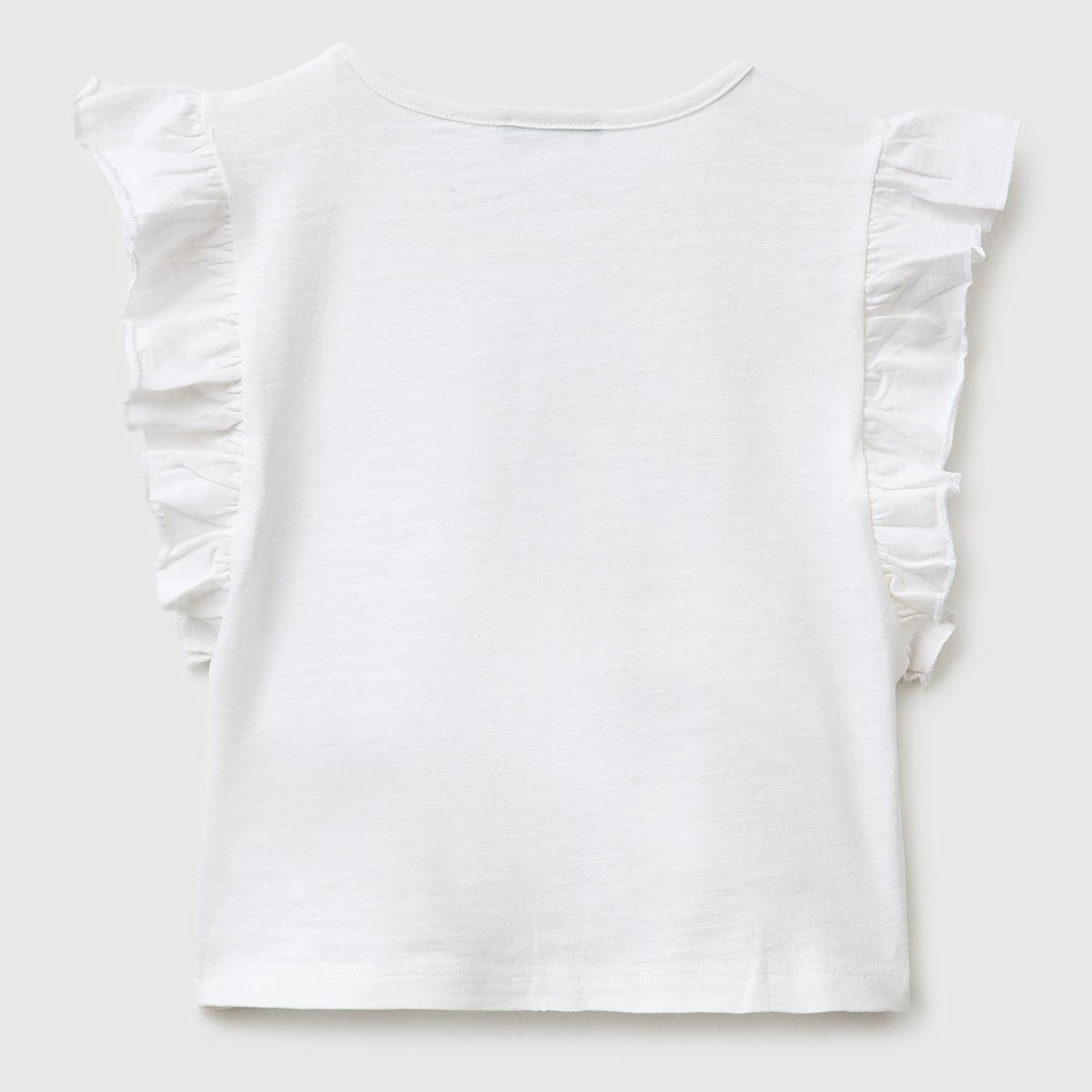 Kız Çocuk Beyaz İşlemeli Kelebek Baskılı Kolları Fırfırlı T-Shirt