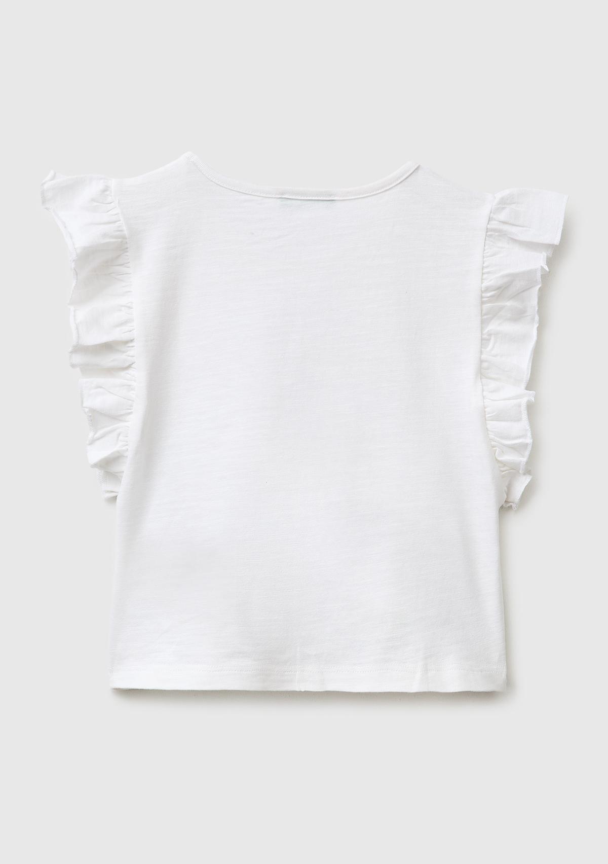 Kız Çocuk Beyaz İşlemeli Kelebek Baskılı Kolları Fırfırlı T-Shirt