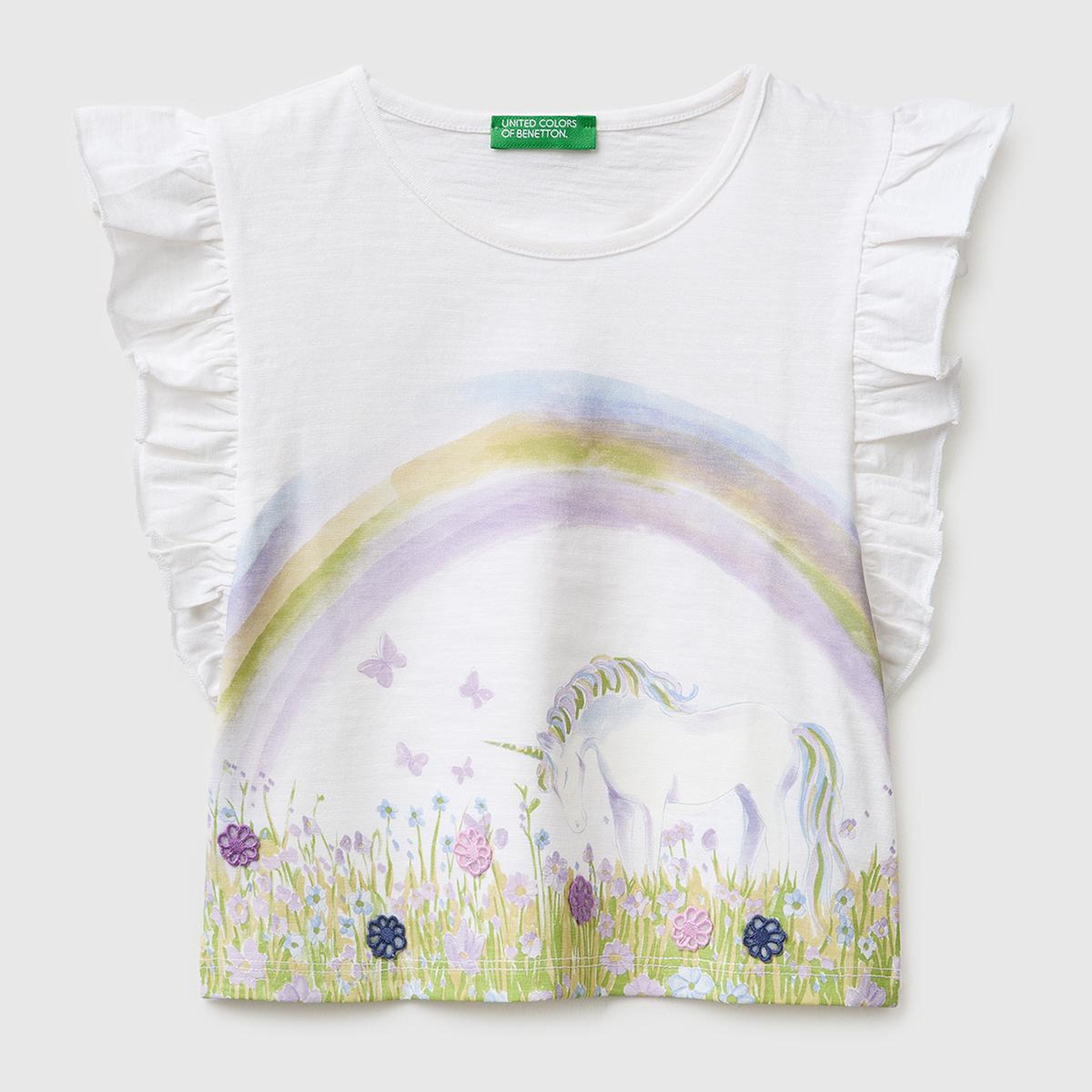 Kız Çocuk Beyaz İşlemeli Kelebek Baskılı Kolları Fırfırlı T-Shirt