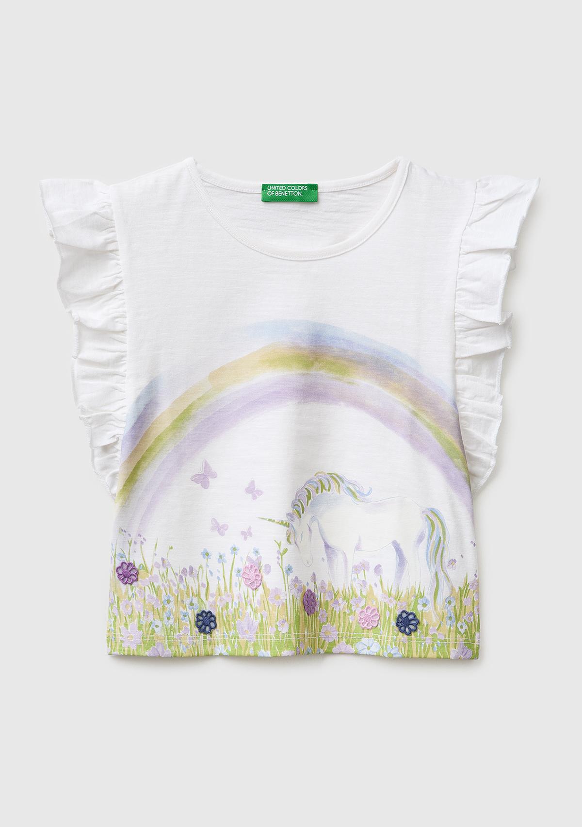 Kız Çocuk Beyaz İşlemeli Kelebek Baskılı Kolları Fırfırlı T-Shirt