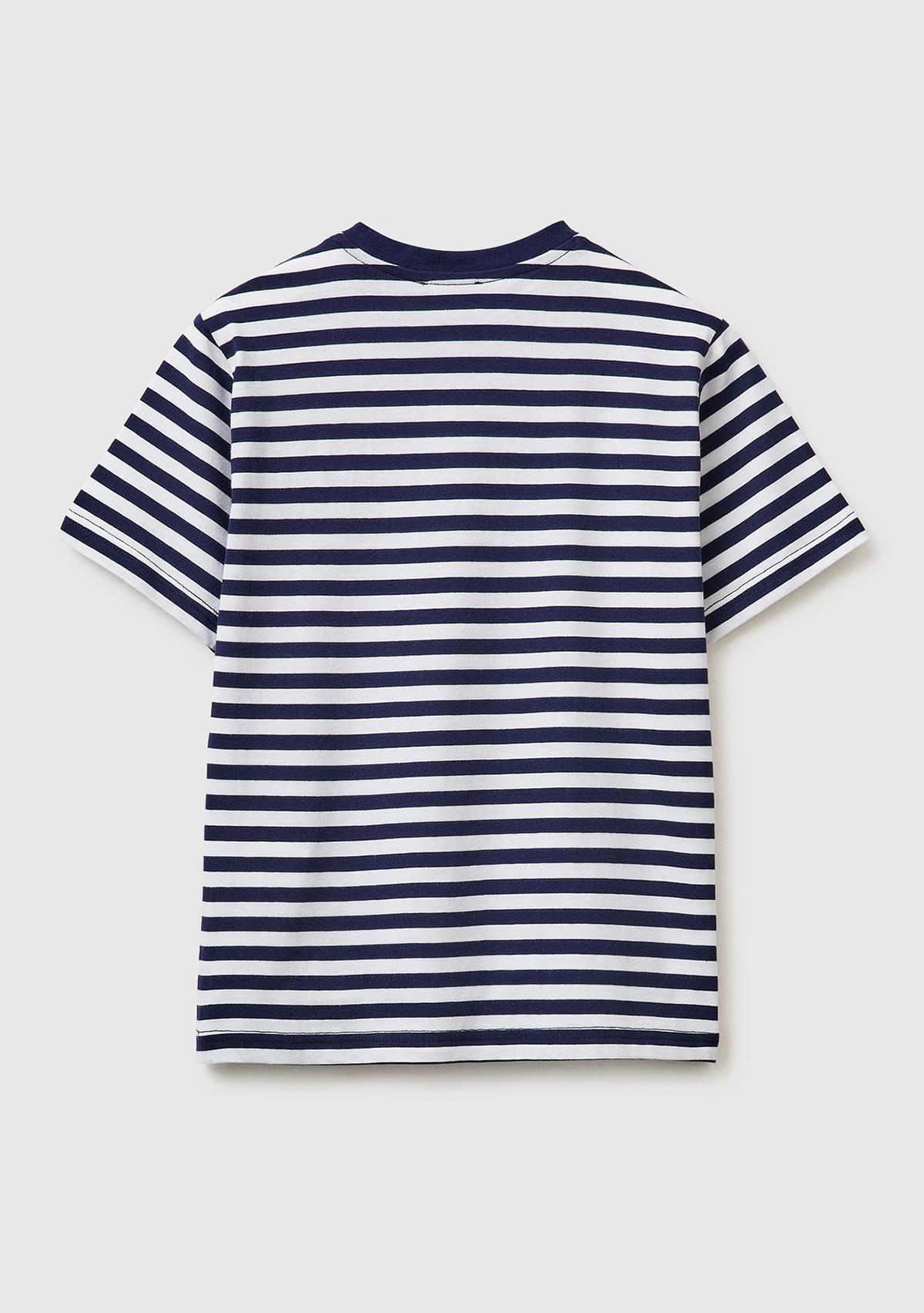 Erkek Çocuk Koyu Mavi Mix Çok Renkli Logo İşlemeli Çizgili T-Shirt