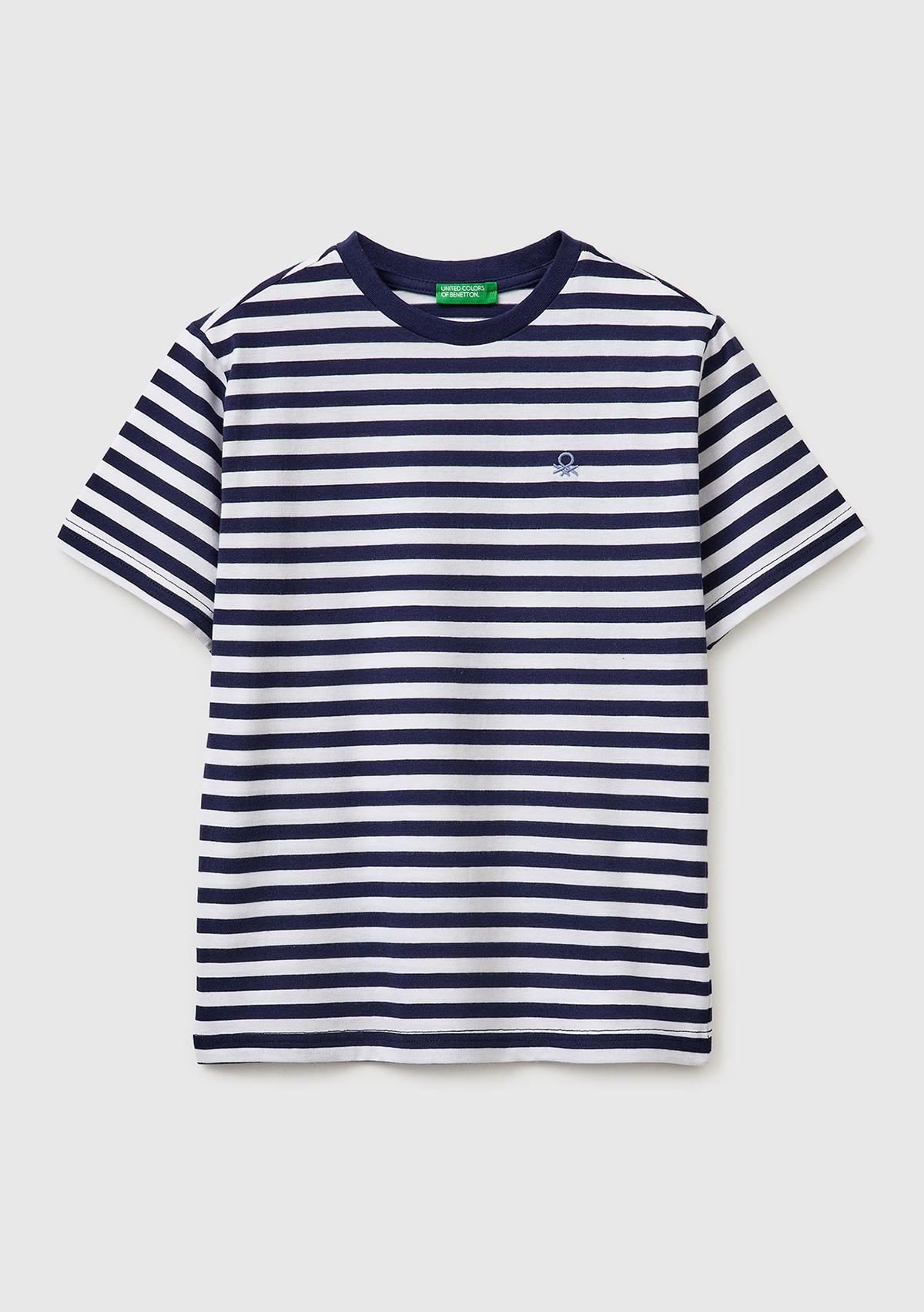 Erkek Çocuk Koyu Mavi Mix Çok Renkli Logo İşlemeli Çizgili T-Shirt