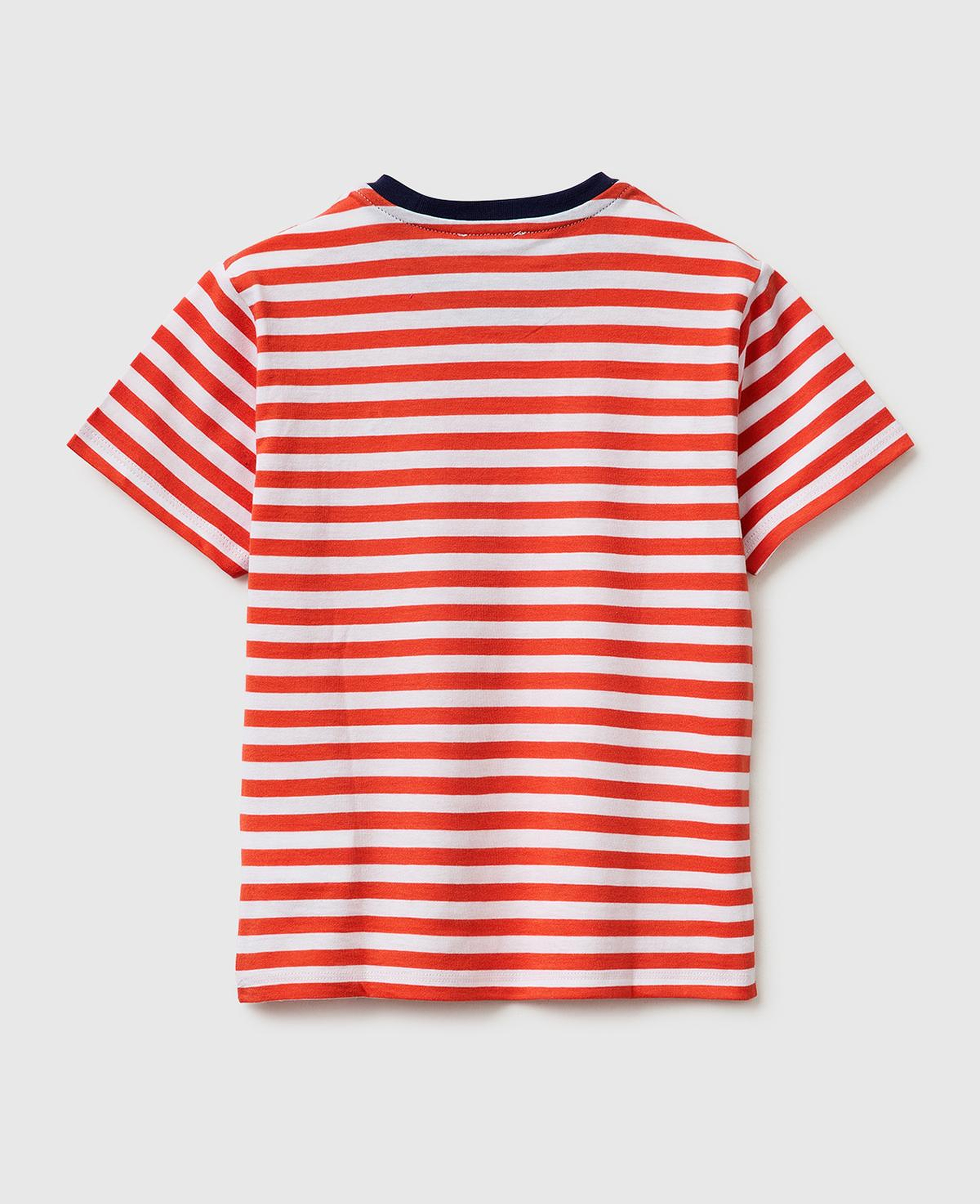 Erkek Çocuk Kırmızı Mix İplik Boyalı Logo İşlemeli Çizgili Bisiklet Yaka T-Shirt