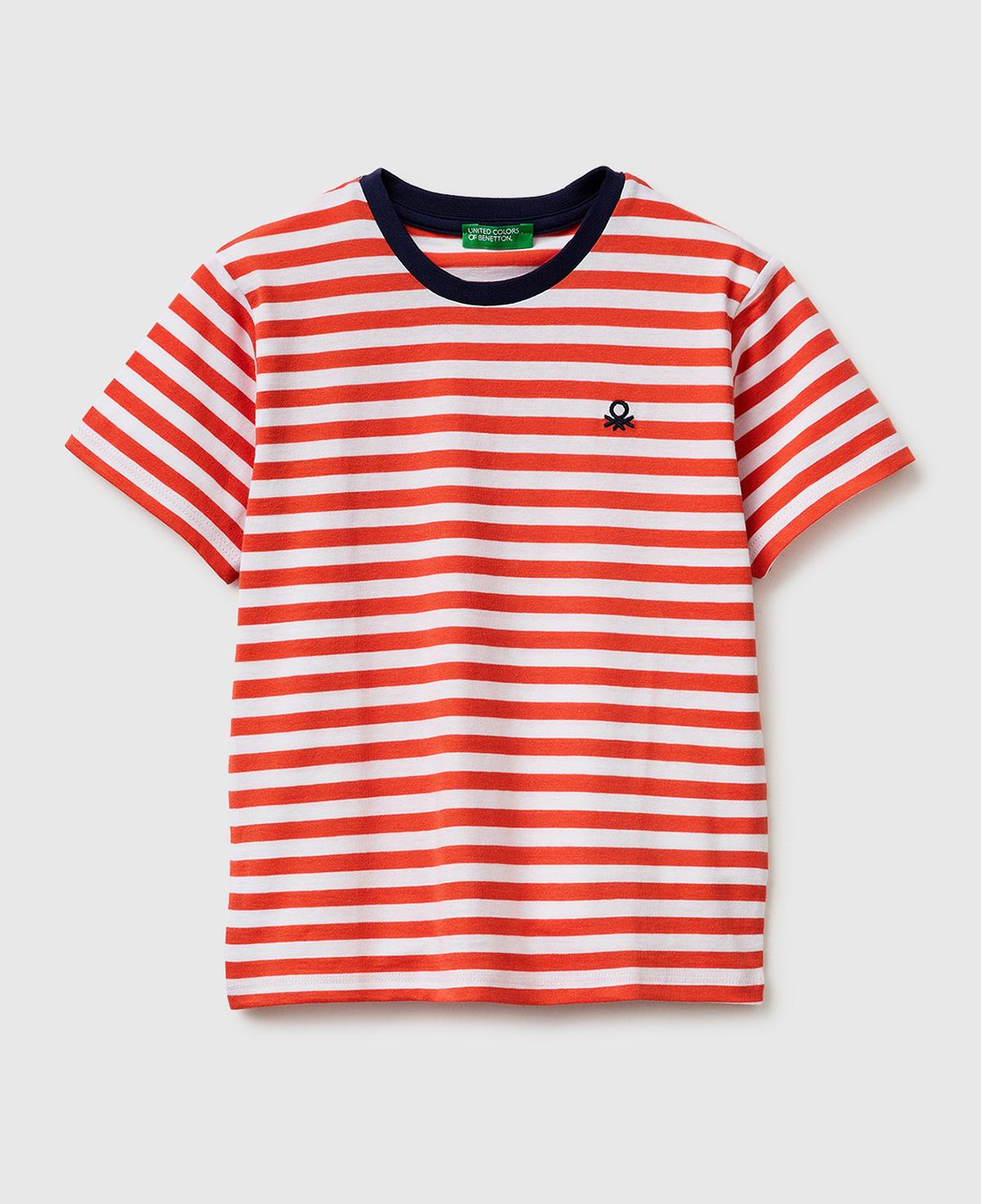 Erkek Çocuk Kırmızı Mix İplik Boyalı Logo İşlemeli Çizgili Bisiklet Yaka T-Shirt