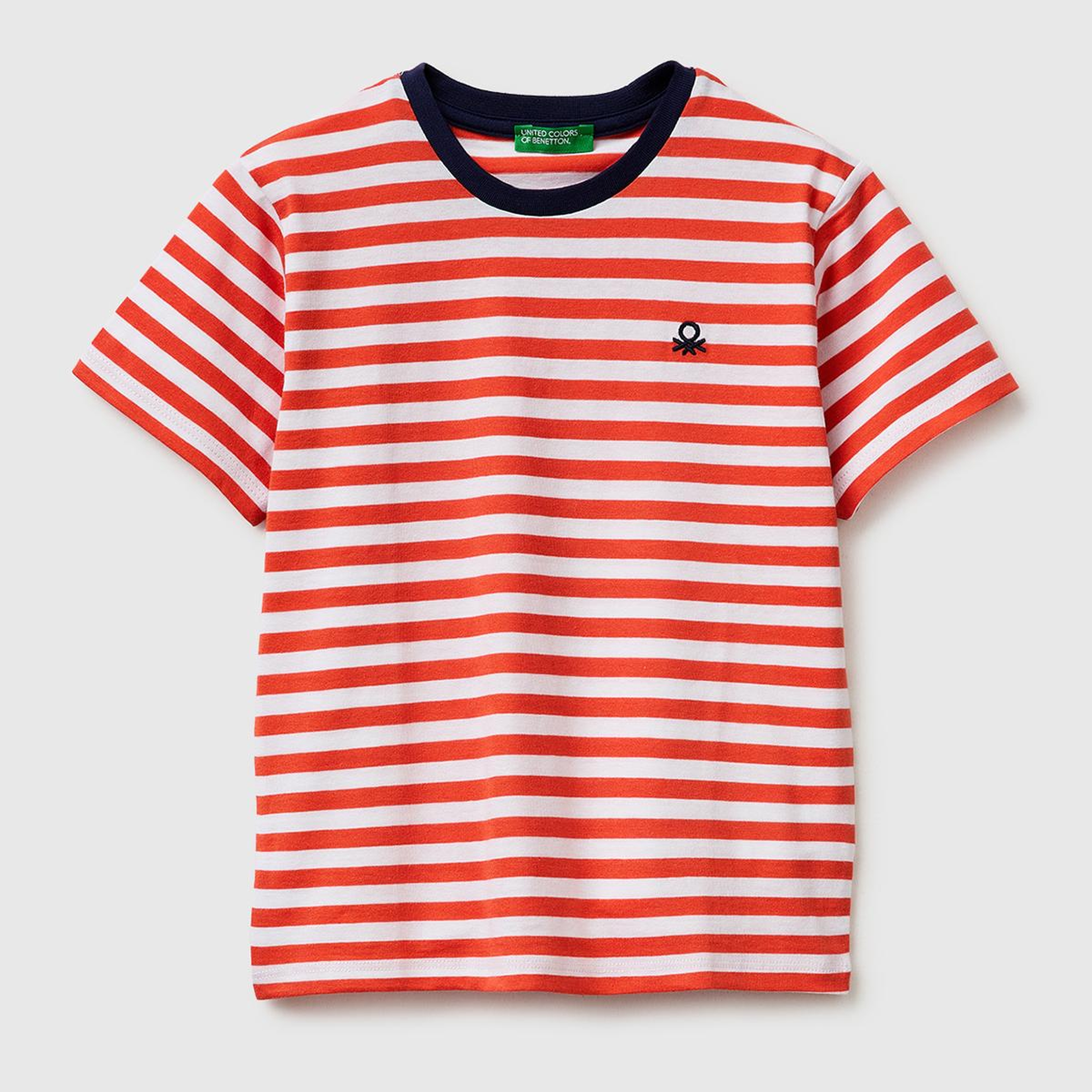 Erkek Çocuk Kırmızı Mix İplik Boyalı Logo İşlemeli Çizgili Bisiklet Yaka T-Shirt