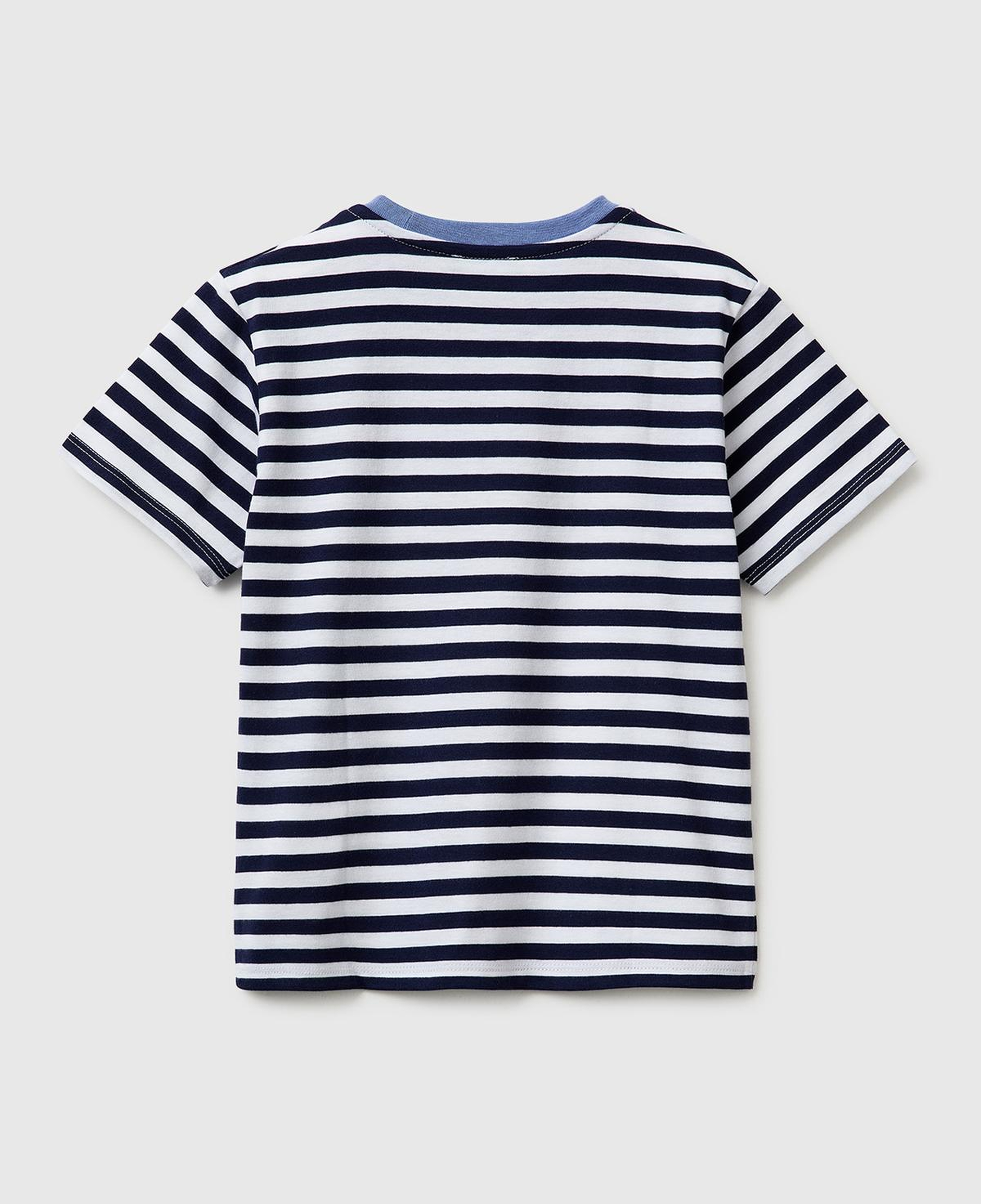 Erkek Çocuk Mavi Mix İplik Boyalı Logo İşlemeli Çizgili Bisiklet Yaka T-Shirt
